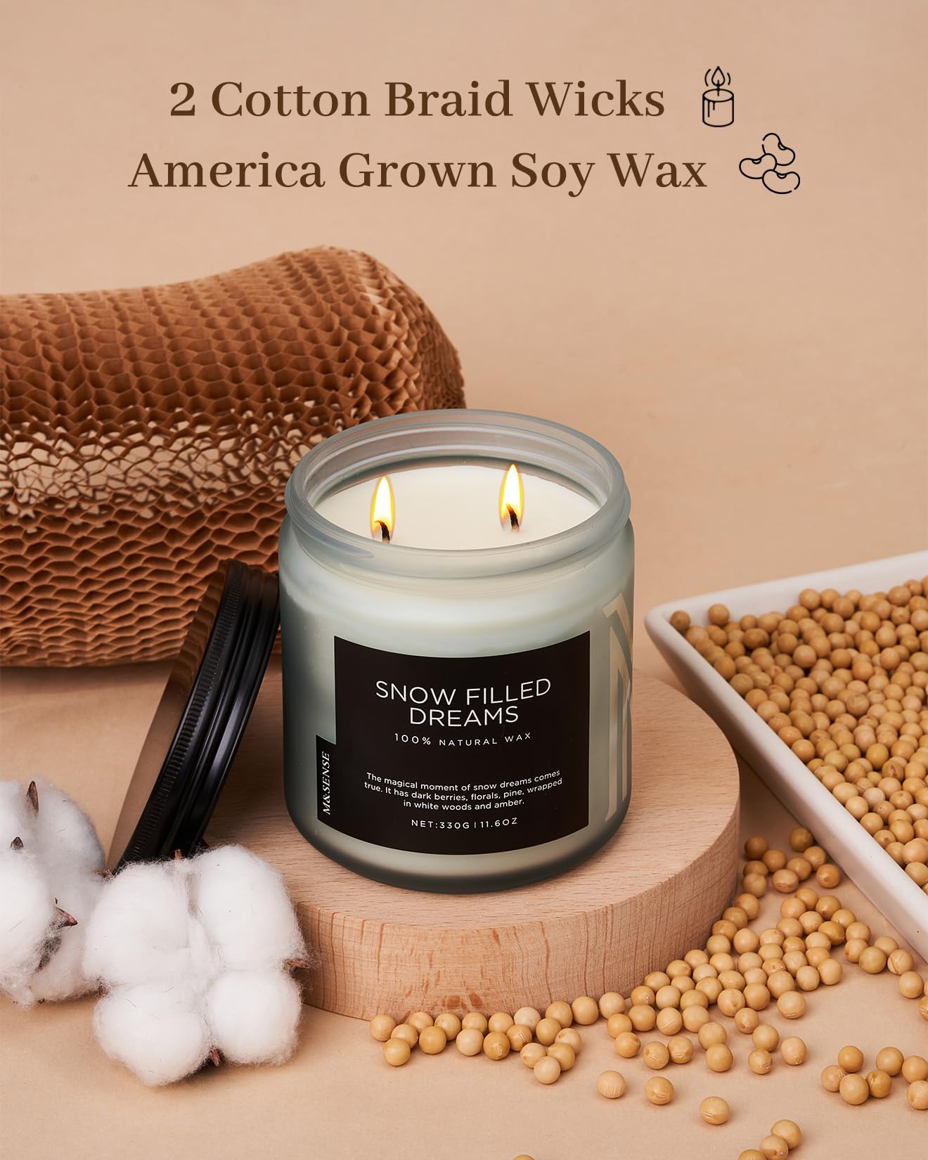 M&SENSE Snow Filled Dreams Winter Scented Candle, 11.6oz Natural Soy Wax 70 Hours Long Lasting 2 Cotton Wick Aromatherapy Gifts for Home Decor,Clean Candle for Men and Women