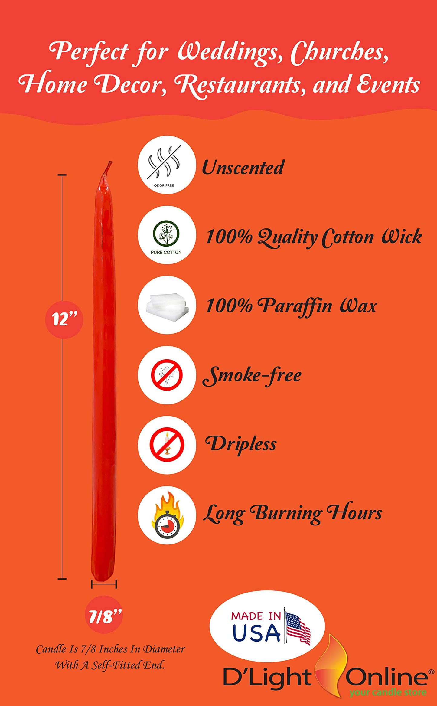 D'light Online Bittersweet Red Orange Elegant 12" Taper Premium Quality Candles, Unscented, Hand-Dipped Tapered Candles, Dripless and Smokeless - Set of 12 Individually Wrapped (12 Inch, Bittersweet)