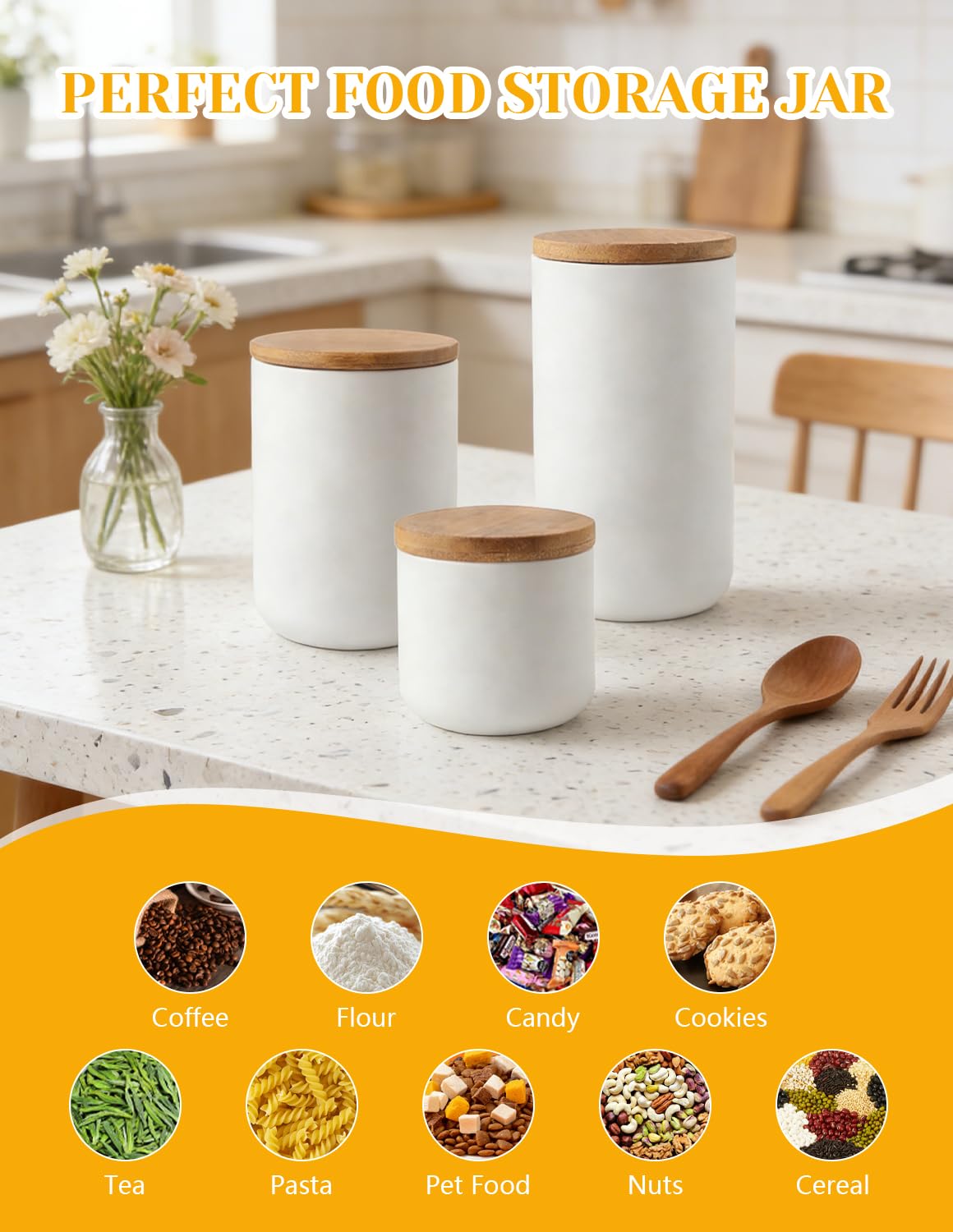 Ceramics Food Storage Jar Canister with Airtight Seal Bamboo Lid, Simple Style Kitchen Canister for Food Storage, Store Coffee, Sugar, Tea, Spices and More (White (8.79oz/260ml))