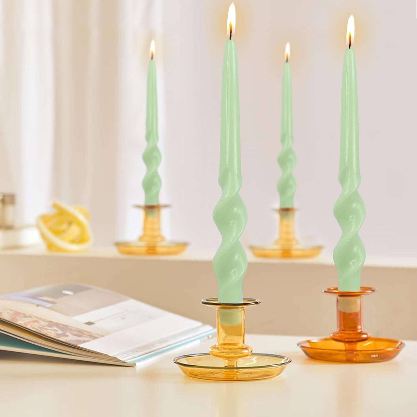Green Taper Candles Spiral Smokeless Tapered Candles Long Twisted Candlesticks Unique Unscented Candle for Wedding Dinner Party Home Decoration