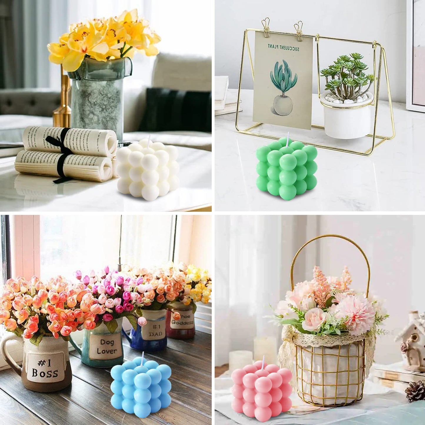 aokala Scented Bubble Cube Candles Gifts Set for Women, Home Decor Scented, 4 Pack 5.4 oz Soy Wax Aromatherapy Candles, Room Aesthetic Bedroom Decoration Gifts, White, Blue, Pink, Green