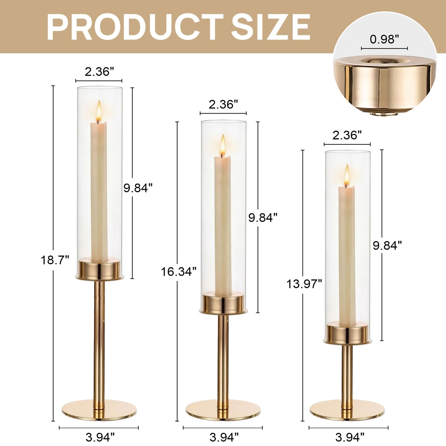 C COMCROSFLY Gold Candle Holders Set of 3, Elegant Glass Hurricane Candlestick Holders for Table Centerpiece, Wedding Decor, Modern Tall Candle Stick Holder for Dining Table, Home Decoration