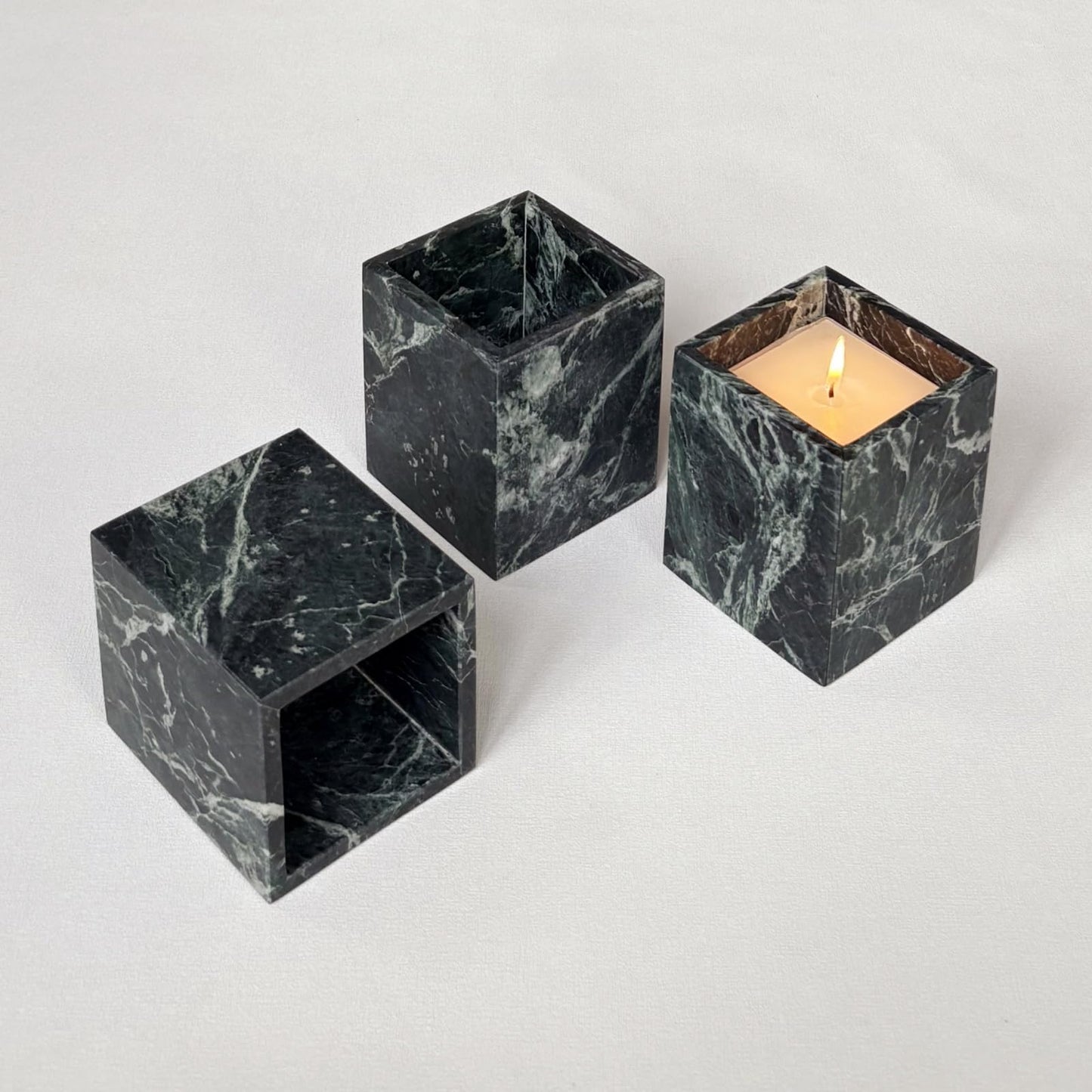 StonePlus Natural Marble Stone Square Storage Container Empty Vessel Holder Cup for Candle/Pens/Sundries items (Dark Flower Green)