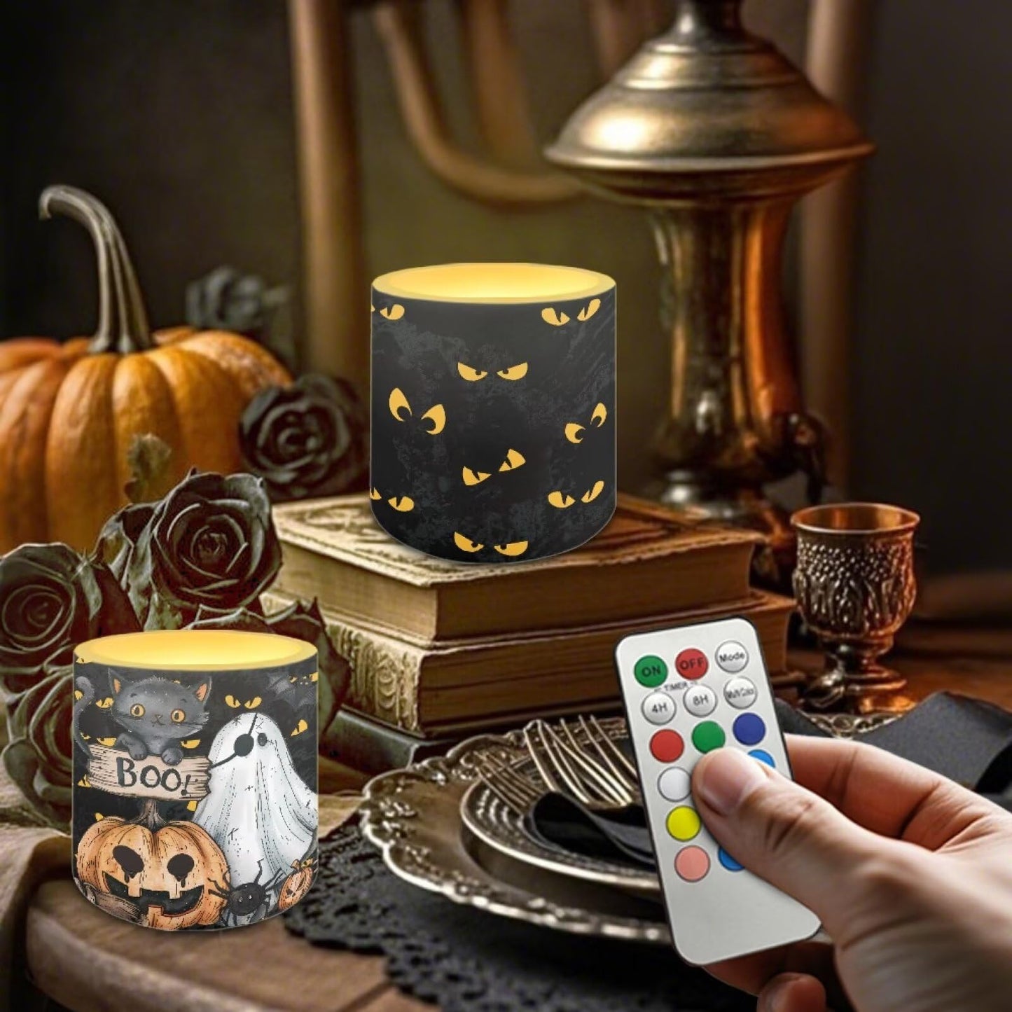 Merkmak Halloween Ghost Pumpkin Flameless Candles with Remote Battery Operated Candles with Timer Pack of 4 LED Pillar Tea Lights for Indoor Outdoor Party Home Living Room Decorations