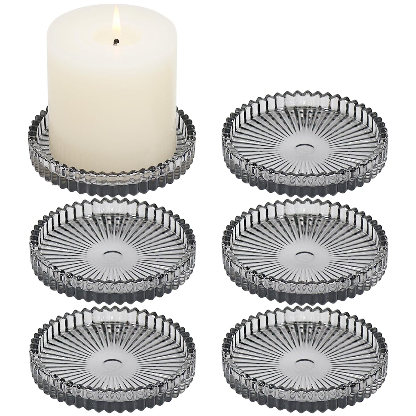 CHOCSTAY Glass Pillar Candle Holder, 4" Gray Candle Plates Set of 6, Glass Candle Holders for Wedding, Party, Holiday, Home Decor, Table Centerpiece