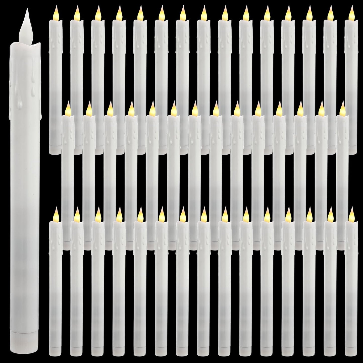 Baquler 50 Pcs 10 Inch White Flameless Taper Candles Dripless Battery Operated LED Flickering Candlesticks Window Candle with 3D Flickering Flame for Wedding Spring Summer Decor