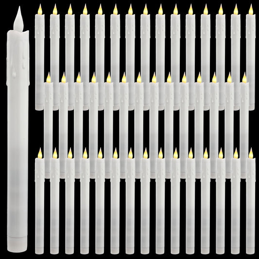 Baquler 50 Pcs 10 Inch White Flameless Taper Candles Dripless Battery Operated LED Flickering Candlesticks Window Candle with 3D Flickering Flame for Wedding Spring Summer Decor