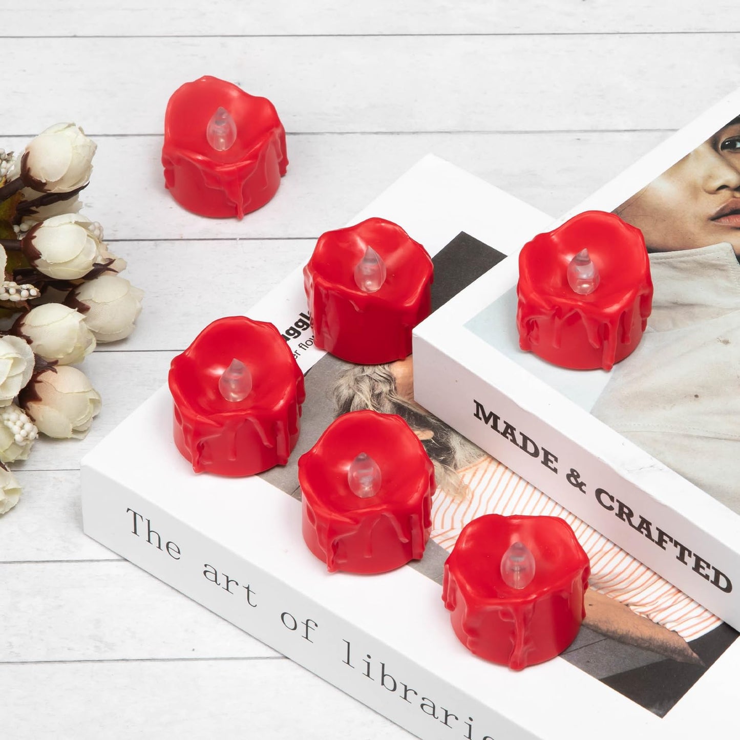 Windshell Red Flickering Flame Tealight Candles with 6H Timer (No Remote), Battery Operated Flameless Tea Lights with Melting Design, for Valentine's Day Christmas Wedding Party, 12 Pack