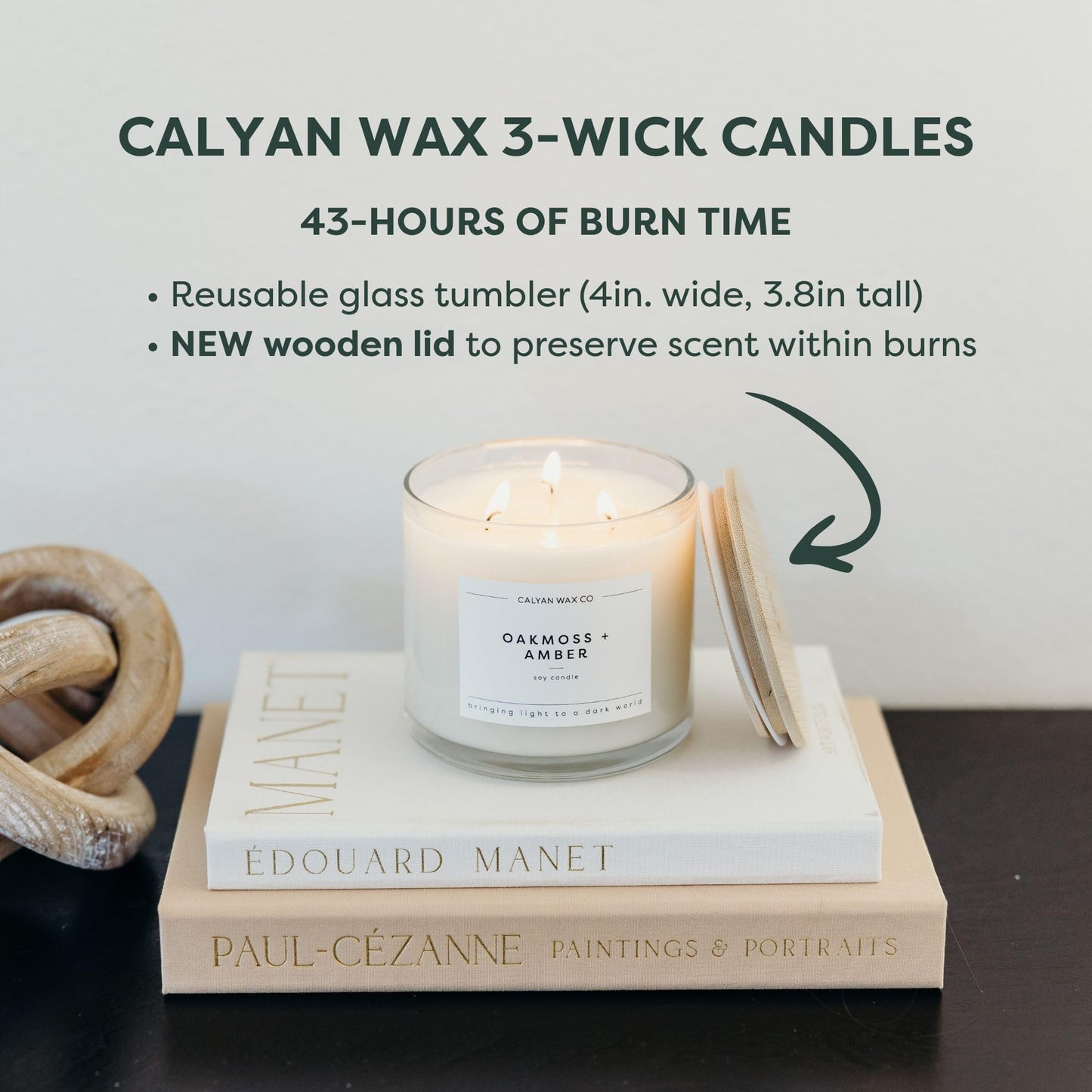 Calyan Wax Co. Vetiver & Tonka 3 Wick Scented Candle - 43 Hour Burn - Luxury 3 Wick Soy Candles - Clean Soy Wax Candles - Long Lasting Large Glass Jar Candle for Home - 14.9oz