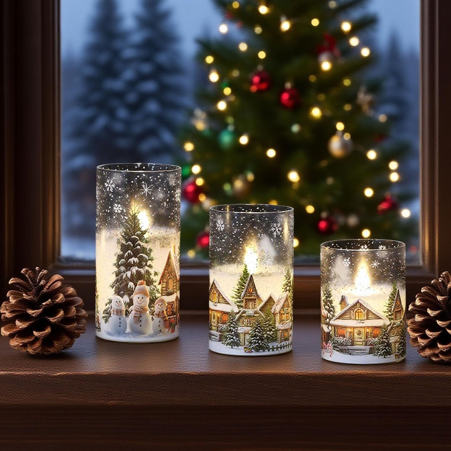 DRomance Snowman House Glass Flameless Candles Battery Operated with Remote and Timer Real Wax LED Flickering Pillar Candles Cold White Light Window Christmas Holiday Decor 3" D x 4", 5", 6" H
