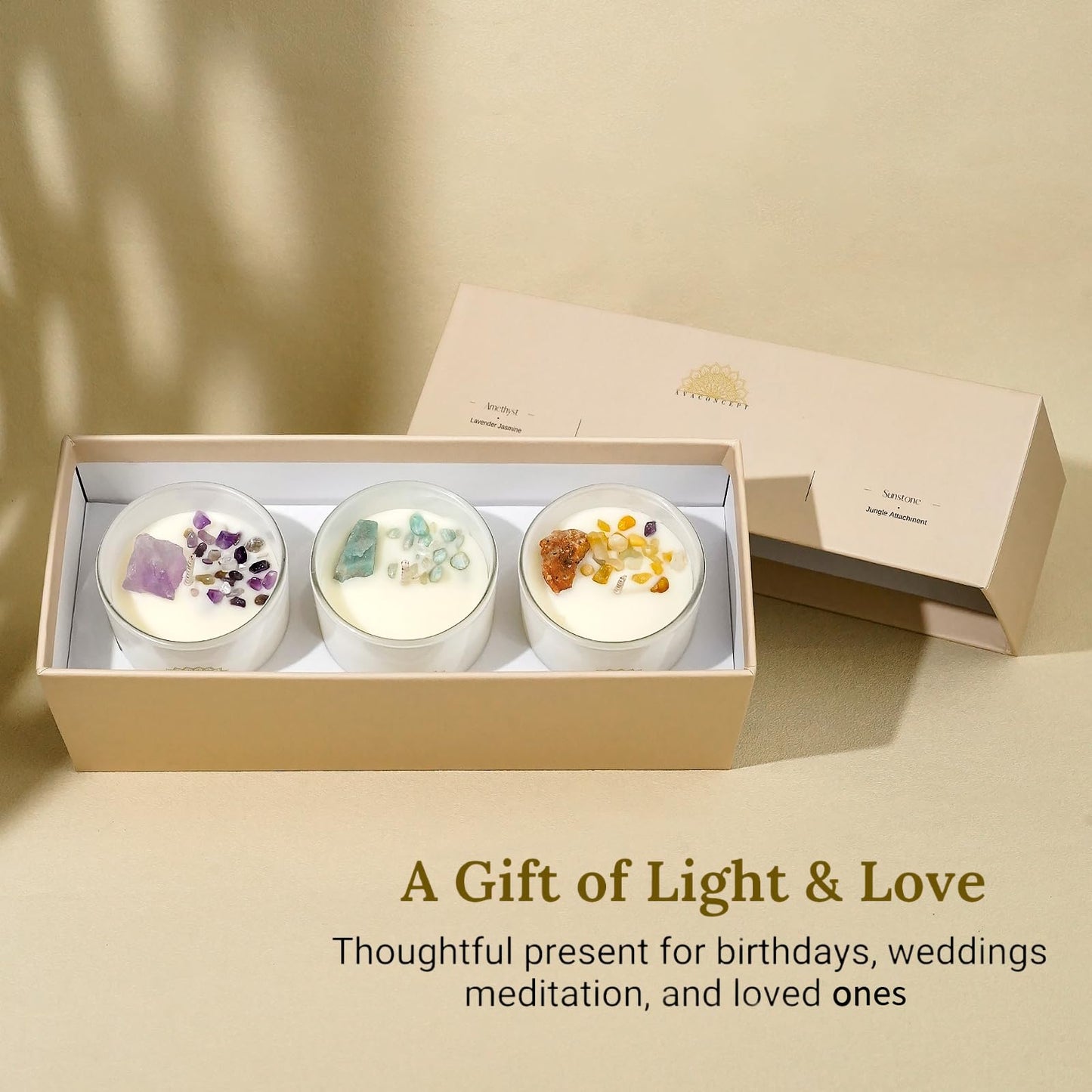 AvaConcept Healing Crystal Candle Gift Set – Set of 3 Amethyst, Amazonite & Sunstone Hand-Poured Soy Wax Lavender Jasmine, Coastal Breeze & Jungle Attachment Aromatherapy 3.5oz Each | Premium Gift Box