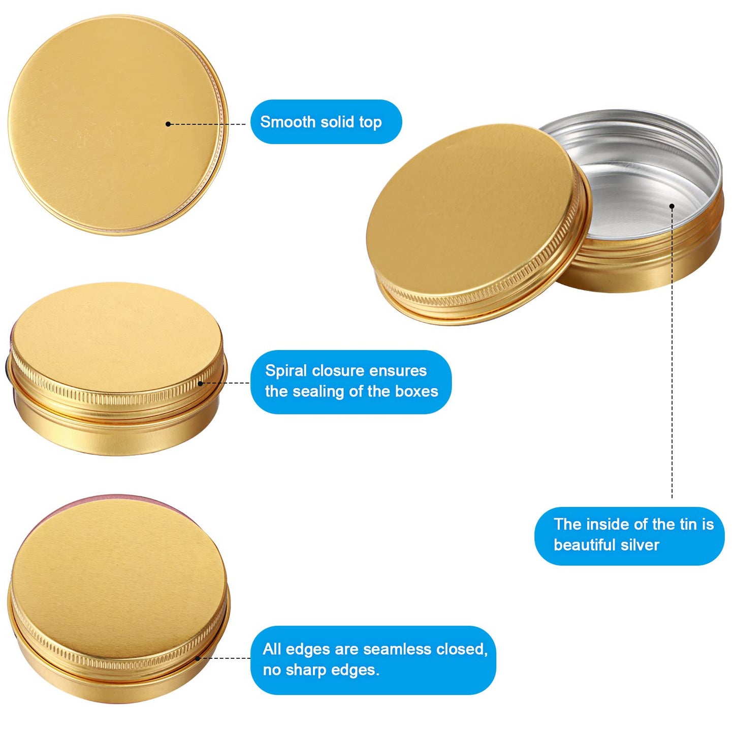 Patelai 2 oz Gold Metal Round Tins Aluminum Tin Cans Salve Tins Containers with Screw Lid 10 Sheets Stickers for Salve Spice Candies Balms Candles, 36 Pack (Classic Style)