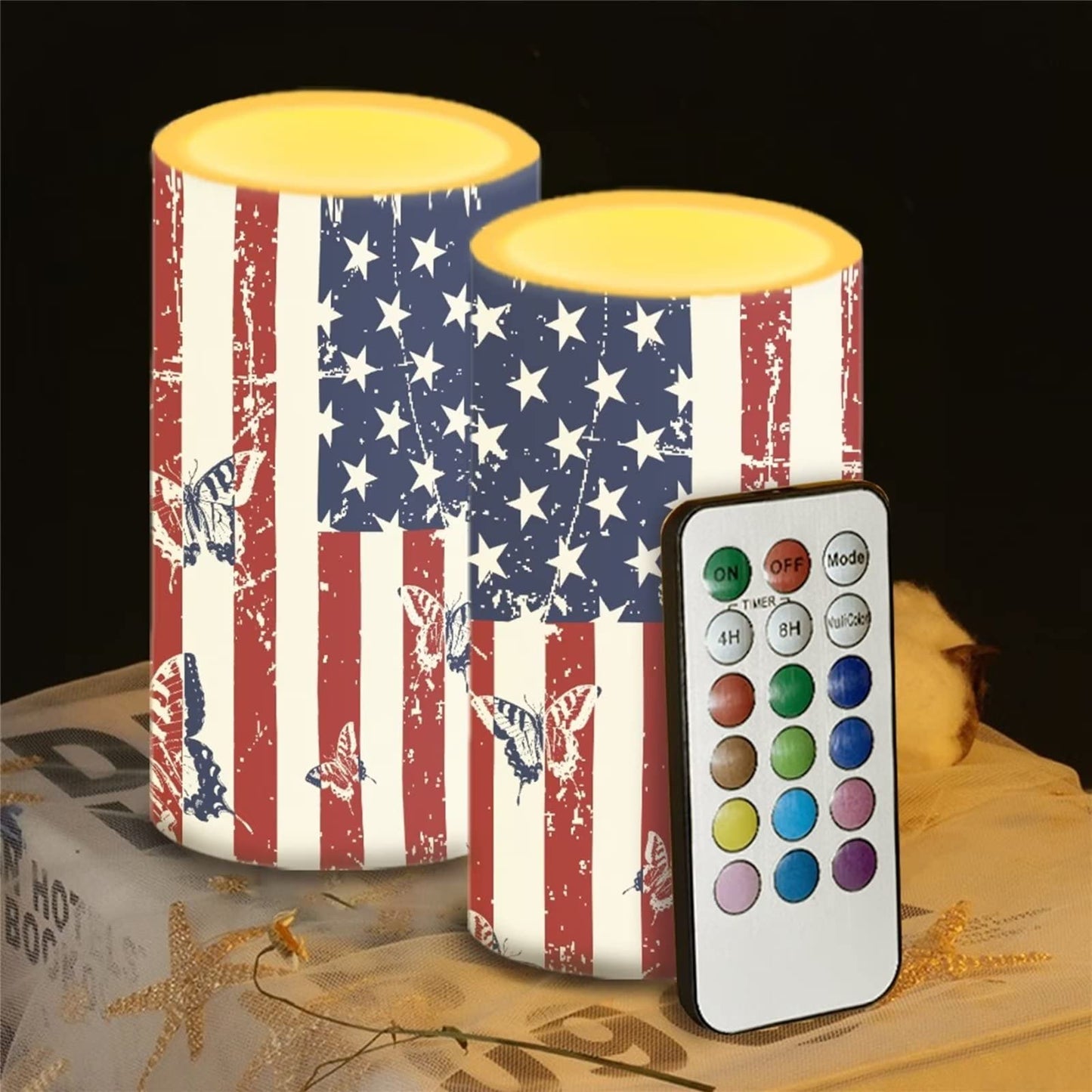 Cozeyat US Flag Print Flameless Candles 2 Pieces Tealights Battery Operated,Flickering Realistic Votive Tea Lights Moving Wax Pillar Electric Candles for Parties,Home Decoration
