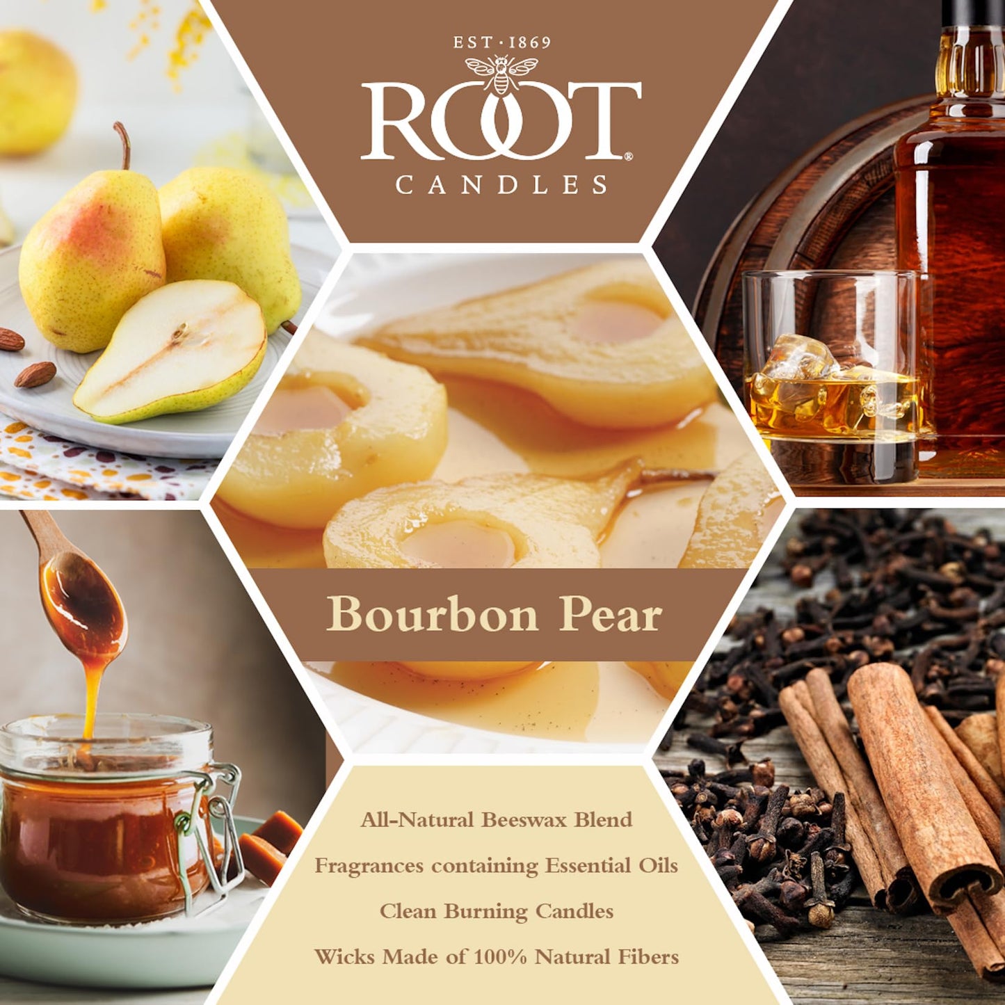 Root Candles Fall Scented Candles Honeycomb Premium Handcrafted Beeswax Blend Candle, Large Veriglass, Bourbon Pear