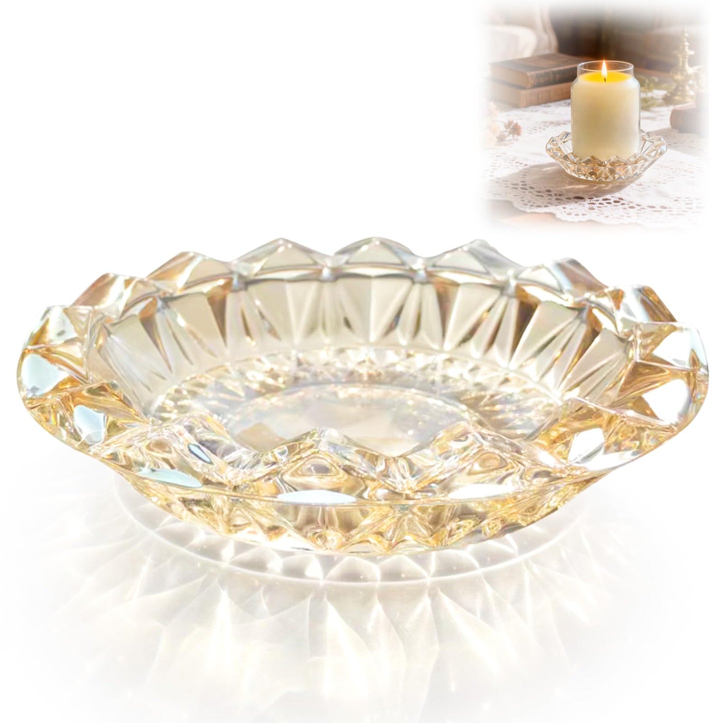 Loyipu Large Lotus Glass Candle Holder for 3-Wick Candles (Fits 4.5" Jars) – Crystal Candle Tray for Large Jar Candles, Scented Candles & Reed Diffusers(Champagne Gold)