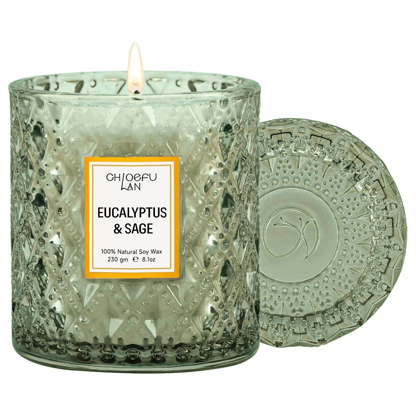 Chloefu LAN Eucalyptus & Sage Scented Candles Luxury Candle with up to 55 Hour Long Lasting, Highly Scented, 100% Soy Wax, 8.1oz, Beautiful Candles, Ideal for Home Decor and Gifts