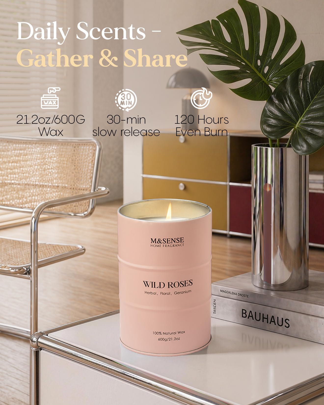 M&SENSE Wild Rose Large Natural Scented Candle, 120 Hours Long Lasting Soy Candles 21.2oz, Stress Relief Luxury Aromatherapy Candles for Women, Romantic Candle Valentines Day Gifts