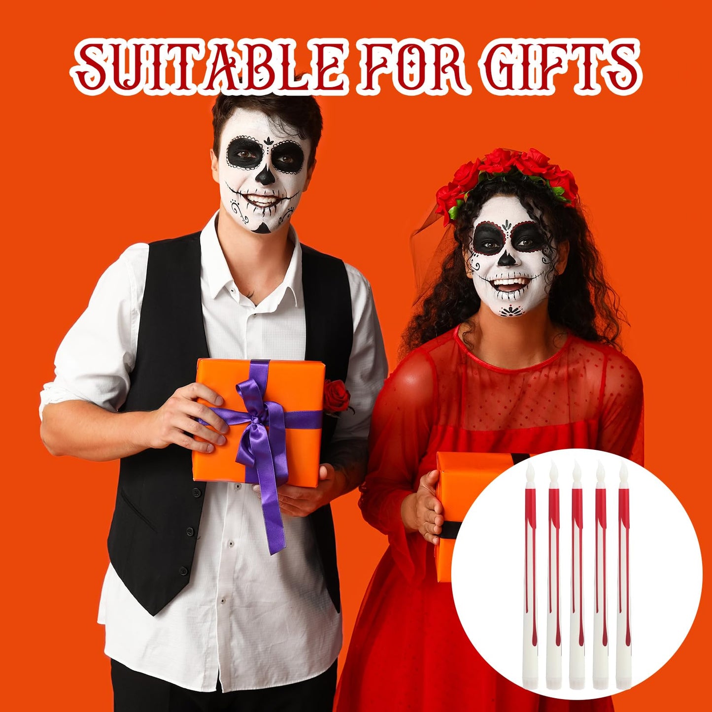 Kittmip 6 Pcs Halloween Flameless Taper Candles 11 Inch Long Red White Battery Operated LED Bloody Candles Haunted Table Centerpiece for Holiday Party Table Decor