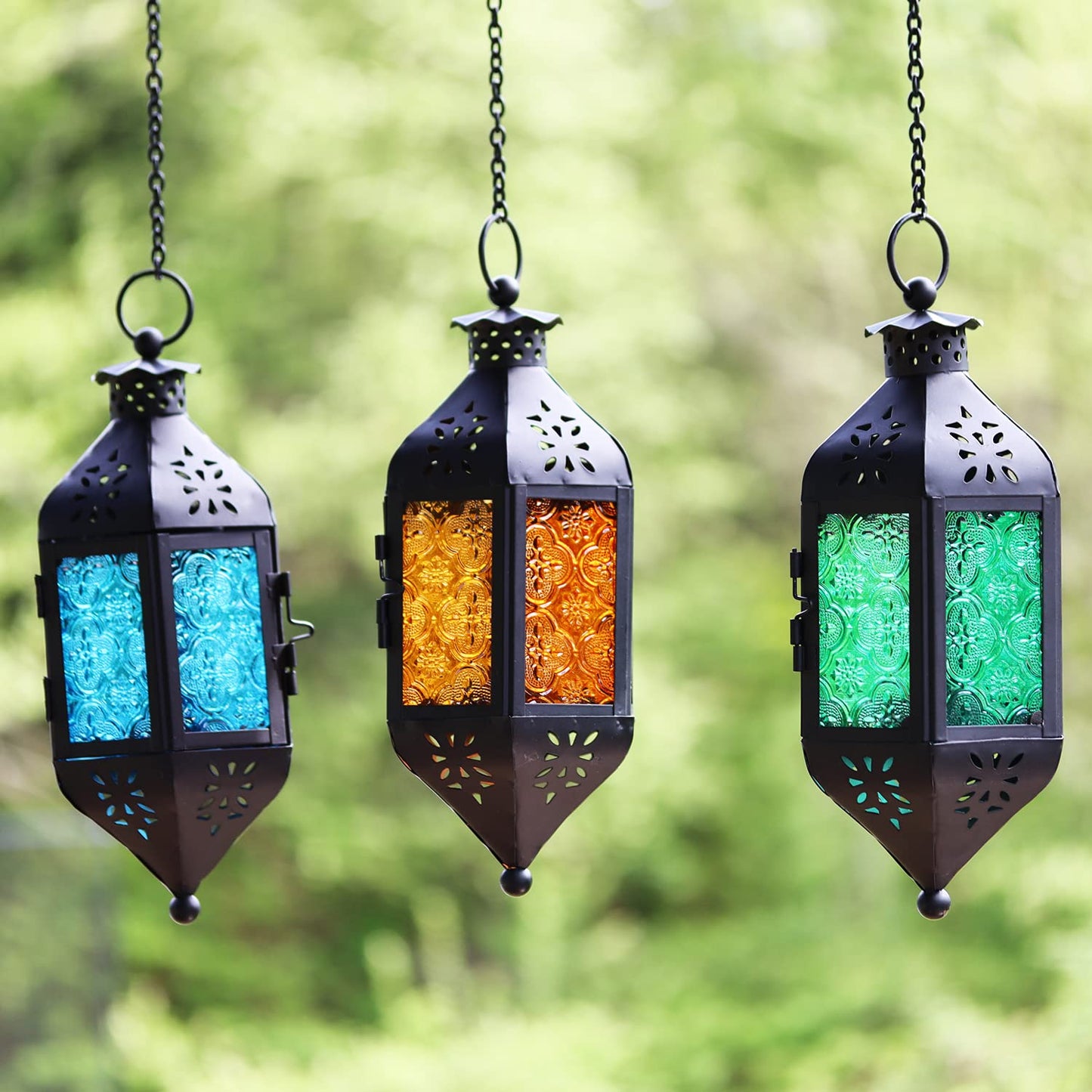 Vela Lanterns Hanging Moroccan Lamp - Exotic Decorative Patio & Porch Decor, Indoor Outdoor Tea Light Candle Lantern Holder with Chain (11" Medium, Blue/Green/Amber Glass, 3-Pack)