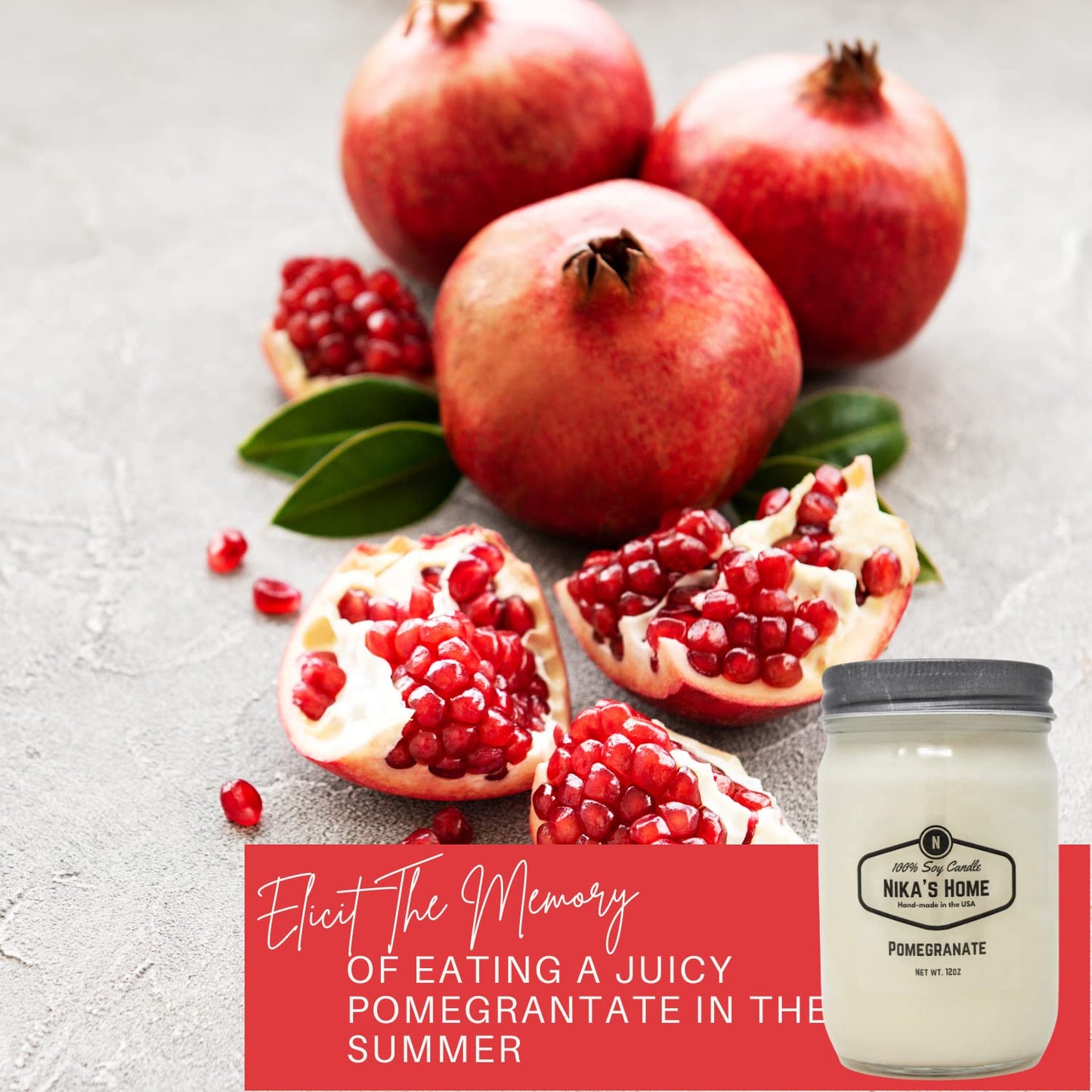 Nika's Home Pomegranate Soy Candle 12oz Mason Jar Non-Toxic White Soy Handmade Long Burning 50-60 Hours Highly Scented All Natural Candles Clean Burning Large Candle Gift Décor