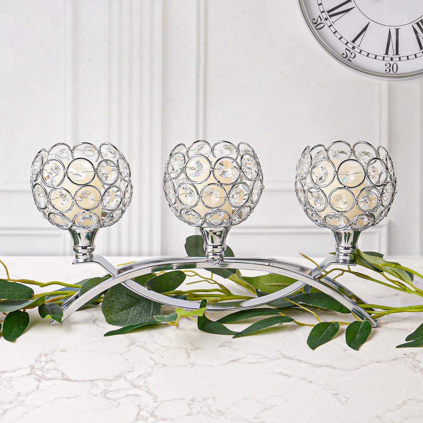 Crystal Tealight Candle Holder Centerpiece Home Decorative Candlestick Holder Elegant Table Centerpiece Home Decor Wedding Party Anniversary (Silver, 3 Arm)