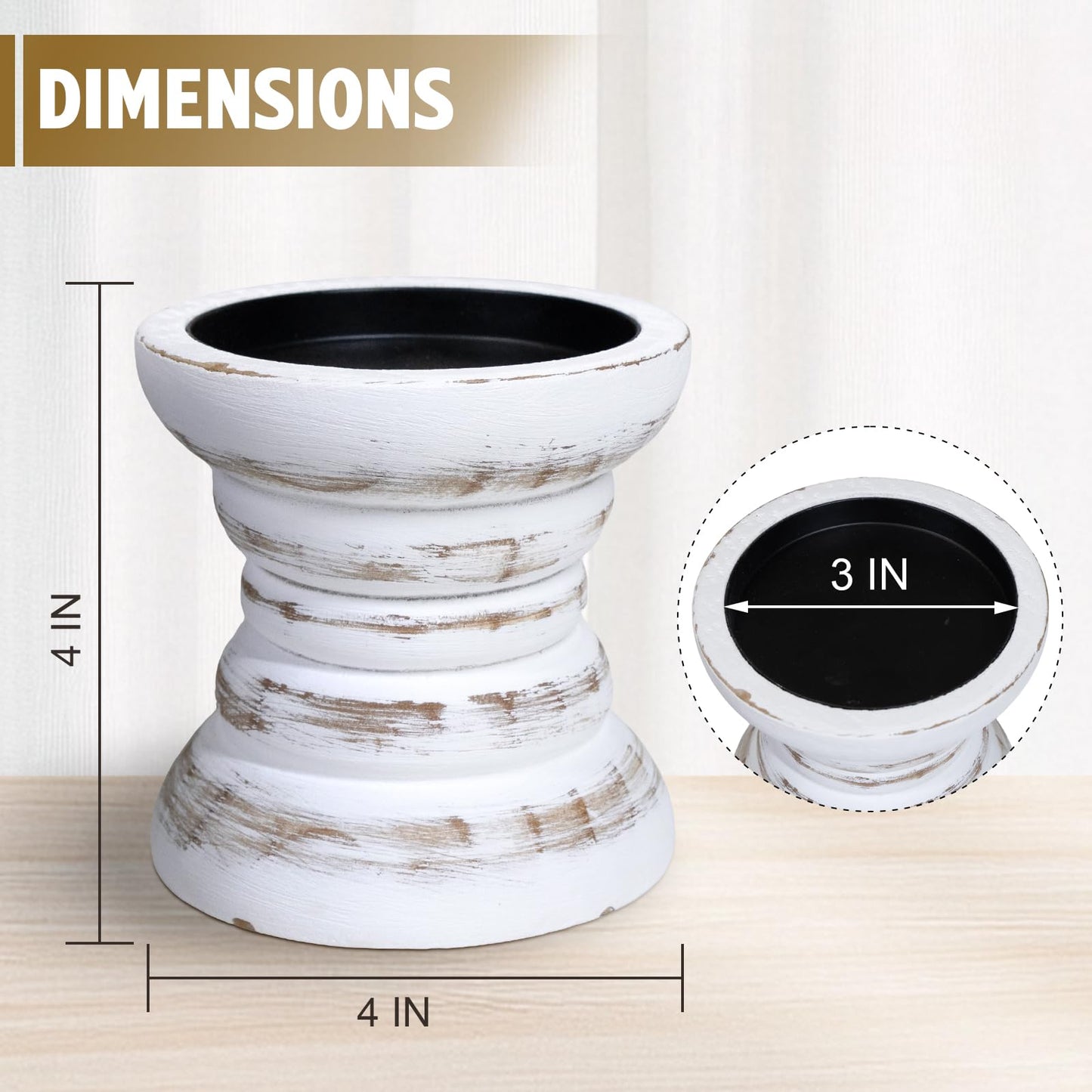 Pillar Candle Holder, Farmhouse Wood Candle Holder, Rustic Wooden Candle Stand, Vintage Small Wooden Candlestick Holders for Living Room, Table Centerpiece, White