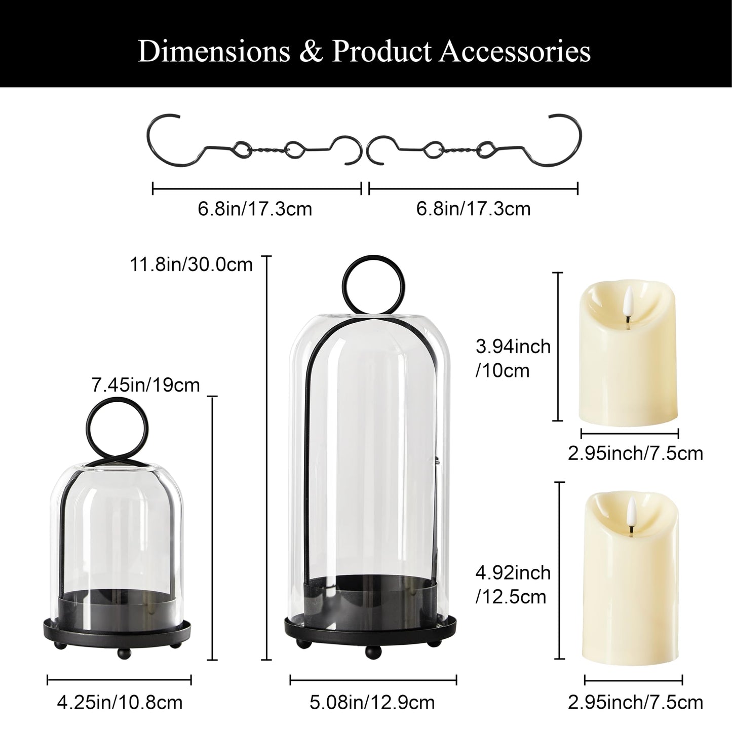 Ganwu 5"&4" Metal Candle Holder with Handmade Glass Dome in Brass & 2 Timer Candles, Set of 2 Versatile Hurricane Glass Candle Holders for Pillar Candles & Plants