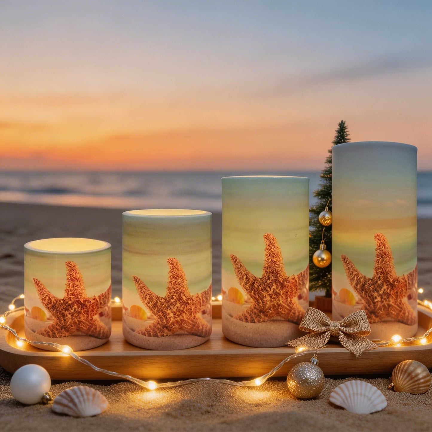 Aulaygo 4PCS Summer Starfish Flameless Candles with Timer Remote Control,LED Pillar Candles Set Battery Operated for Wedding Beach Party Holiday Home Decor