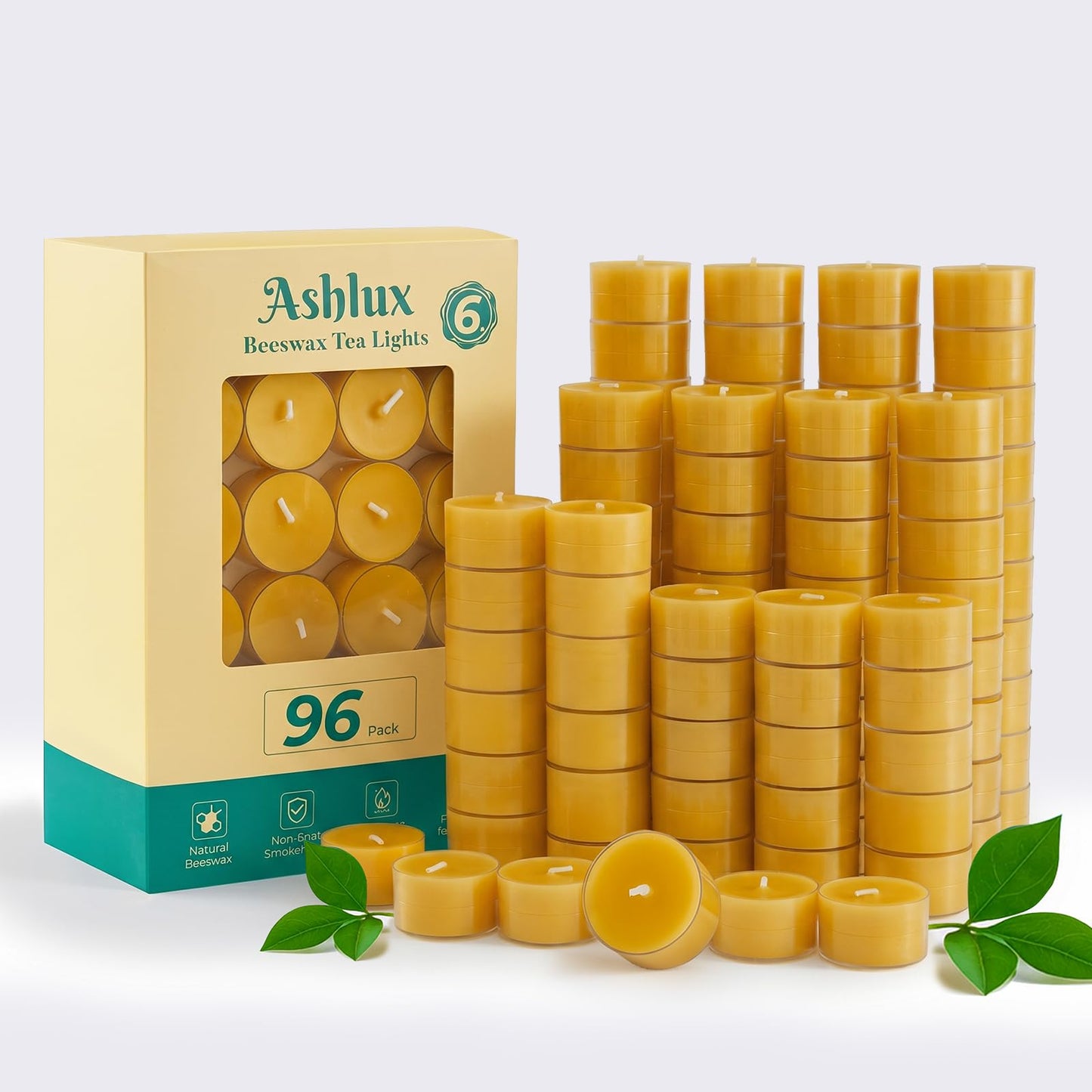Ashlux 96 Pack Beeswax Tea Lights, 6-Hour Long Burning Tealight Candles in Clear Cup, Tea Candles Pefect for Air Purification Meditation Dinner Home Decor