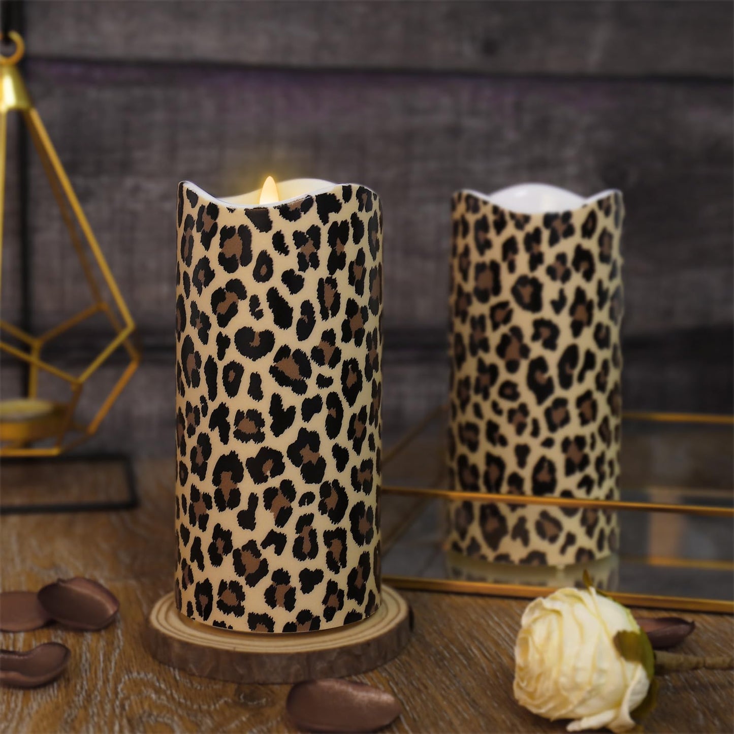 Whaline 3 Pcs Cheetah LED Flameless Candles Leopard Print Battery Operated Pillar Candles for Wedding Party Home Table Decor