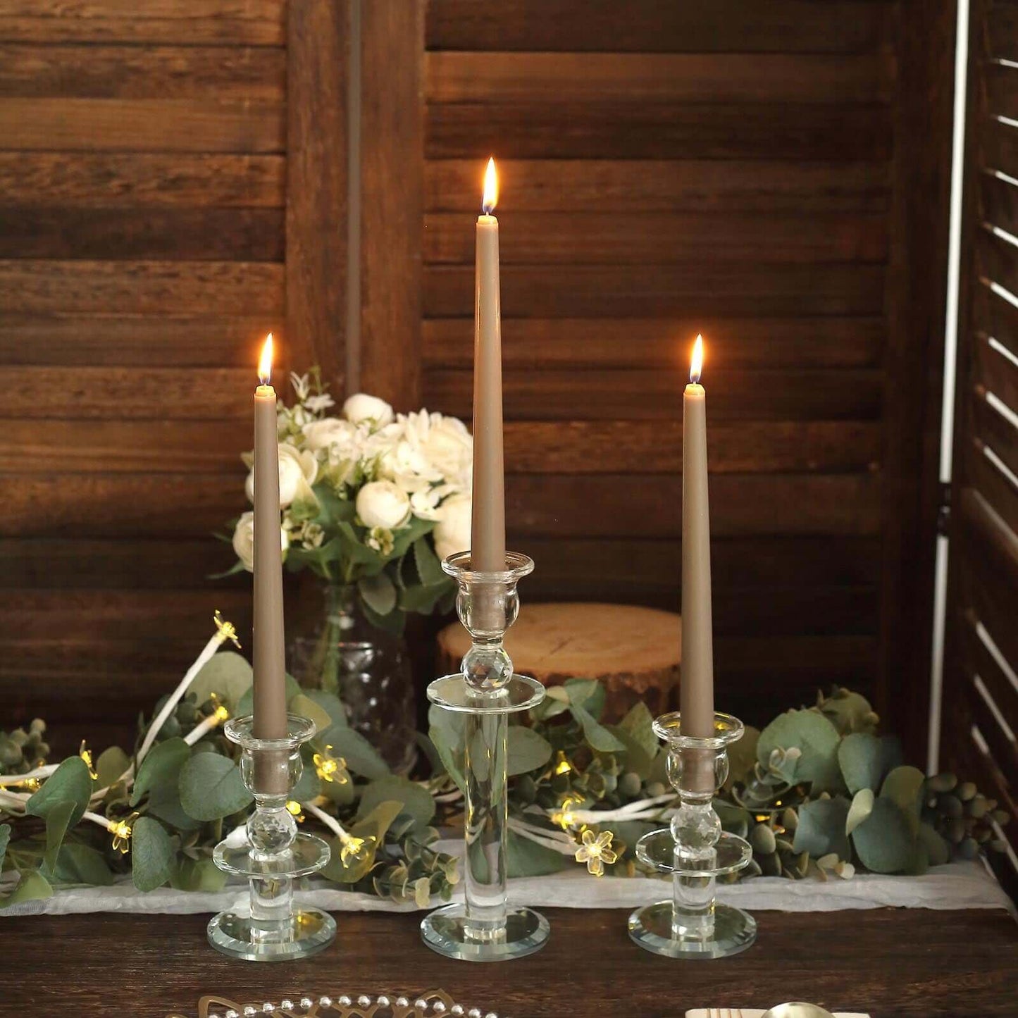 Tableclothsfactory 10" Tall Premium Quality Dripless Unscented Taupe Taper Candles Wedding Dinner Candles for Wedding Decoration Set of 12