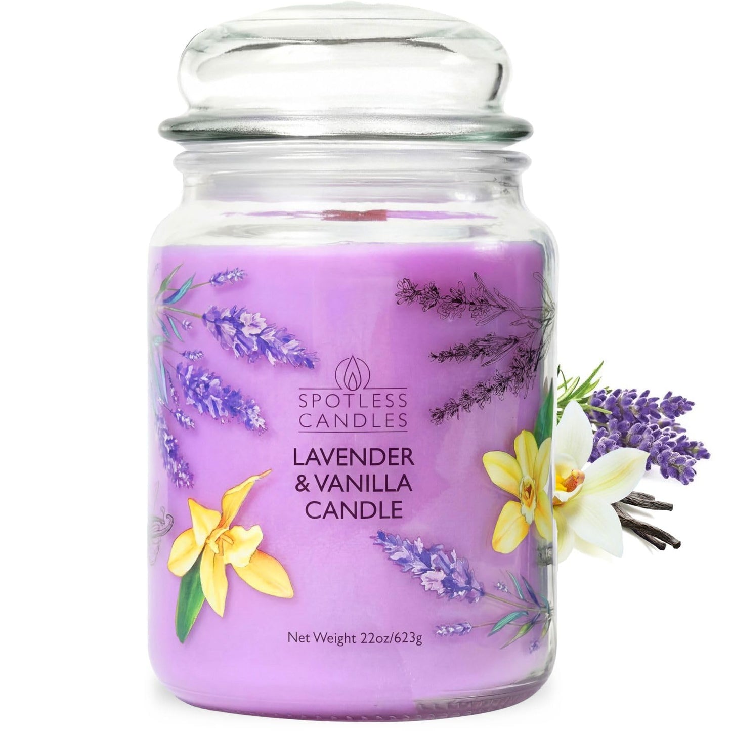 Spotless Leopard Vanilla & Lavender Candle 22oz Glass Jar with Wooden Wick in a Decorated Jar Within a Presentation Gift Box and Protective Shipping Box
