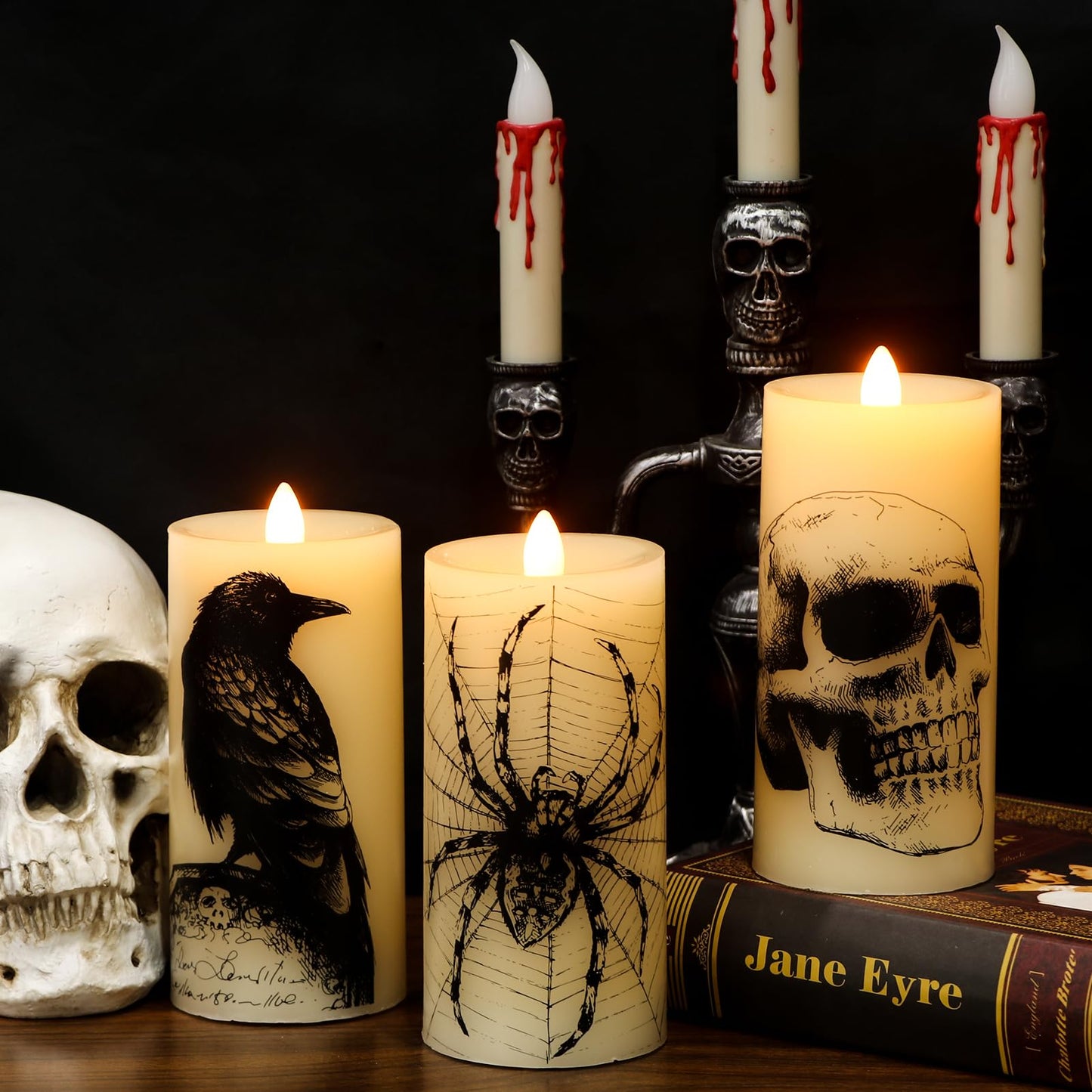 Eldnacele Halloween Flickering Candles with Skull, Spider Web, Crow, Raven Decals, Set of 3 Flat Wick Battery Operated Halloween Themed LED Candles with Remote Timer Spooky Decor
