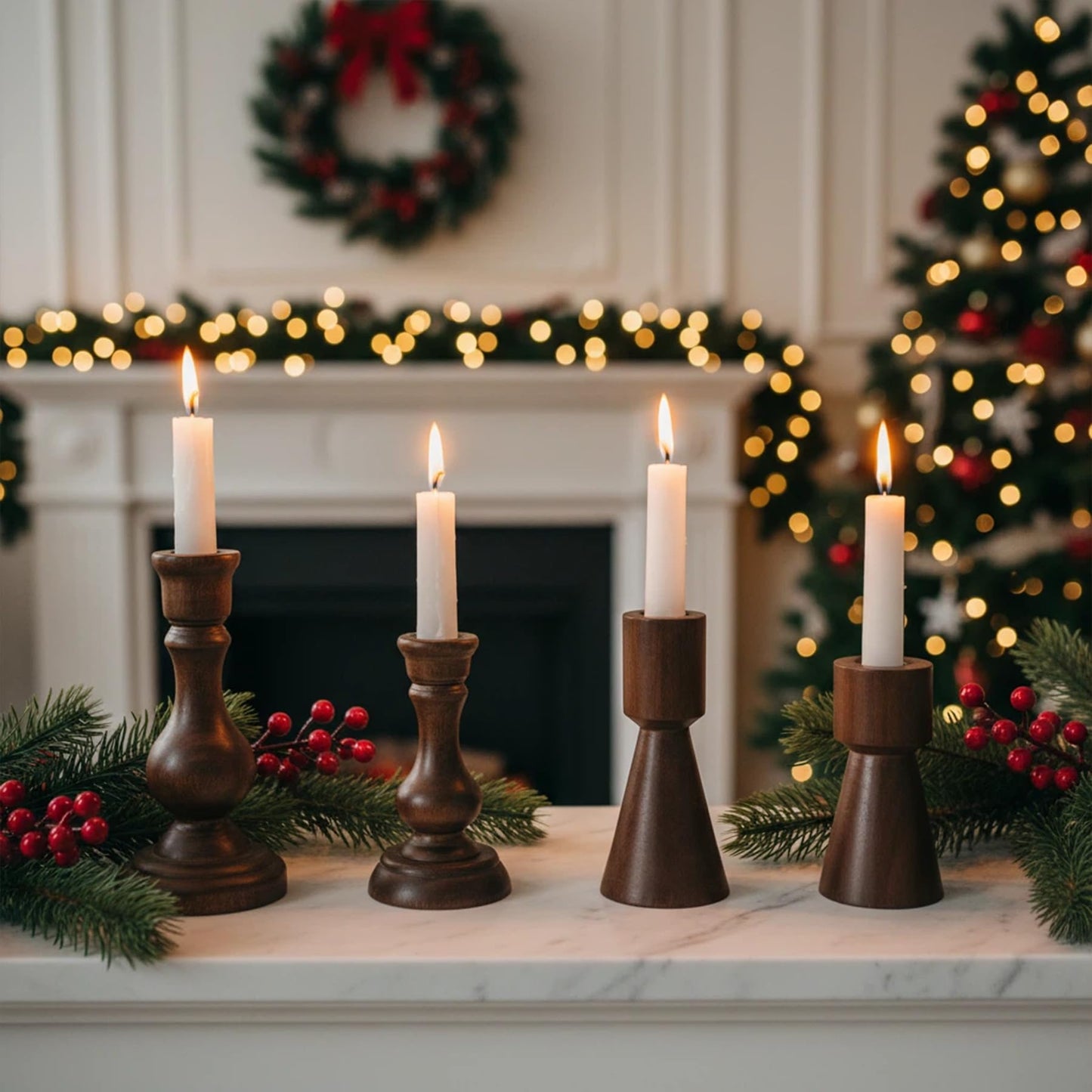 Wood Candle Holders for Pillar - Set of 4 Wooden Taper Candle Holders for Table Centerpieces, Modern Candlestick Holder Church & Farmhouse Home Decor