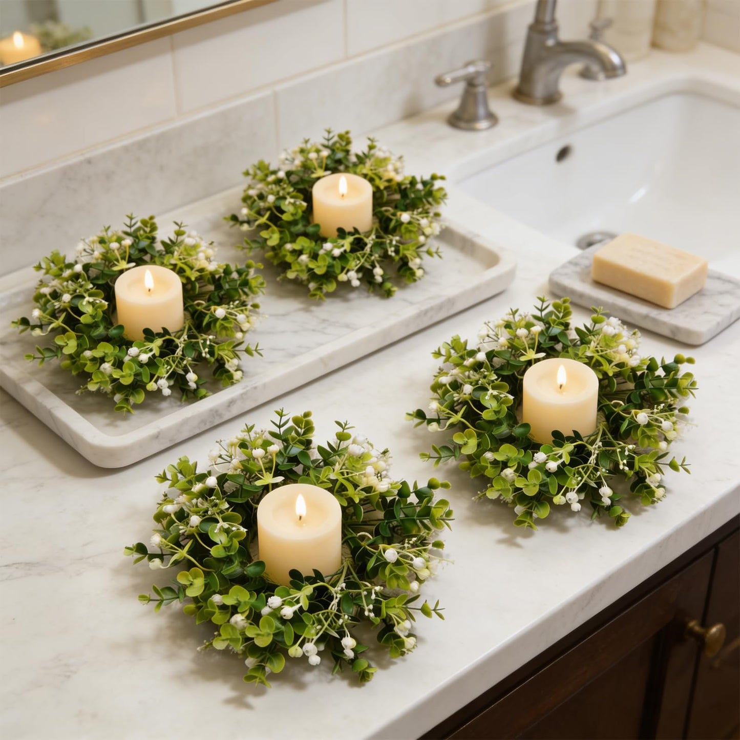 6 Pcs Small Spring Summer Candle Ring Wreaths with Artificial Eucalyptus Greenery White Buds Mini Pillar Candle Holder Wreath for Home Kitchen Cabinets Table Centerpieces Front Door Wedding Decor