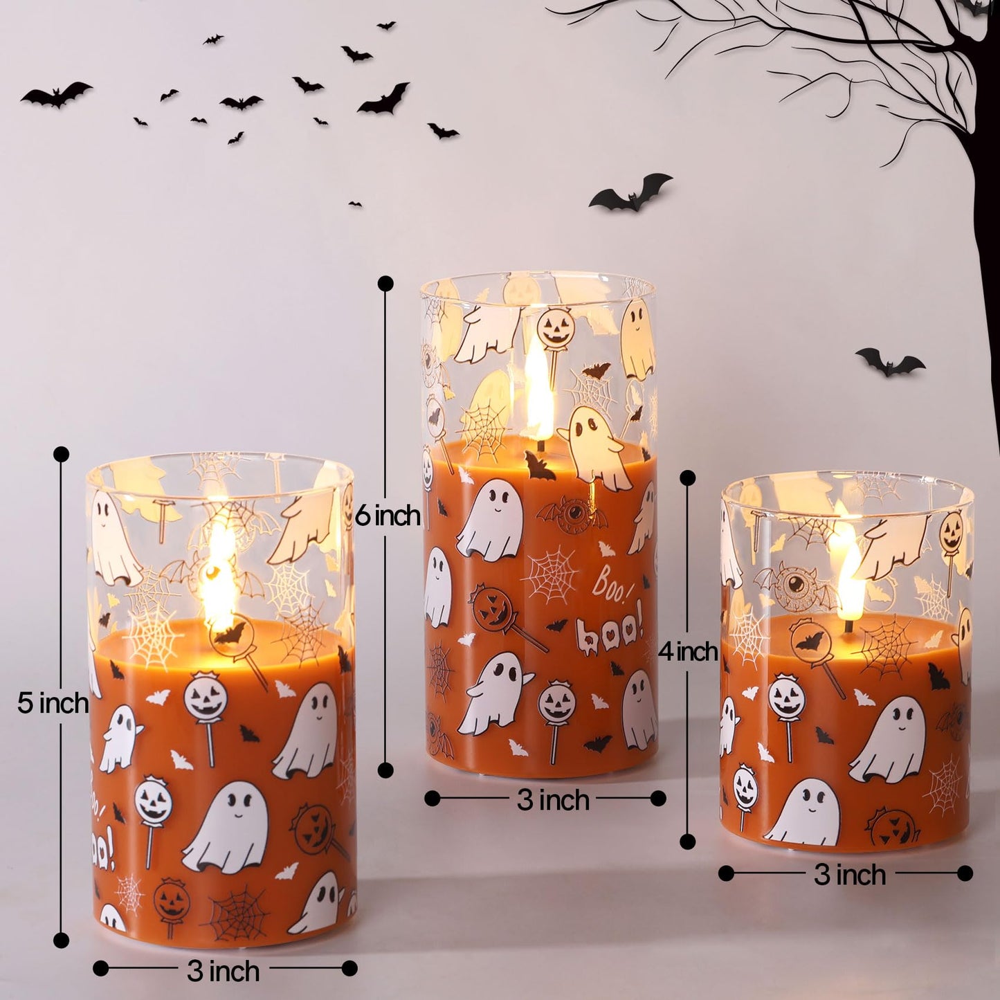 Girimax Orange Halloween Flameless Pillar Candles with Remote, Glass Flickering LED Wax Candles Battery Powered Set of 3
