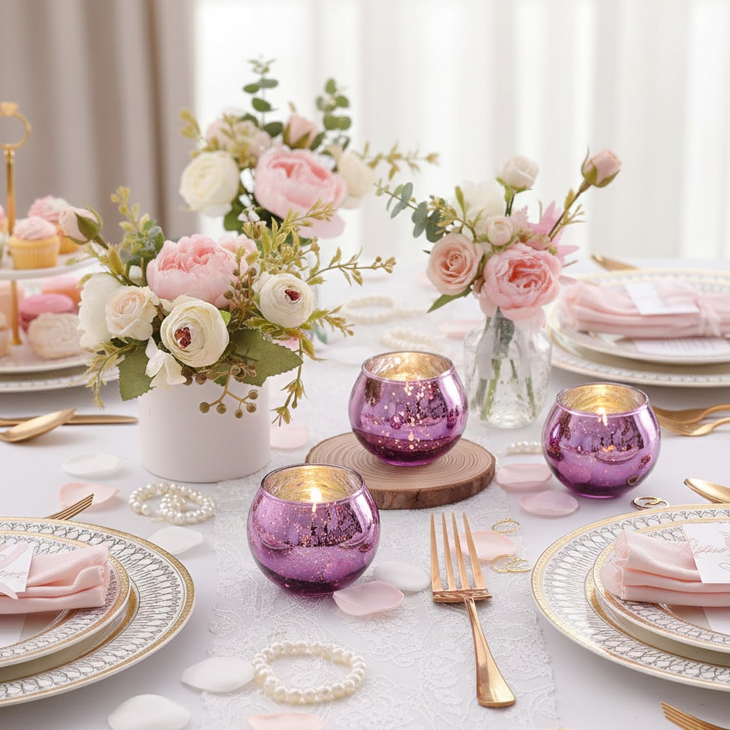 24 Pcs Purple Votive Candle Holders for Wedding Decor, Purple Mercury Glass Candle Holders for Table Centerpieces, Tea Light Holder for Wedding Bridal Shower Party Supplies