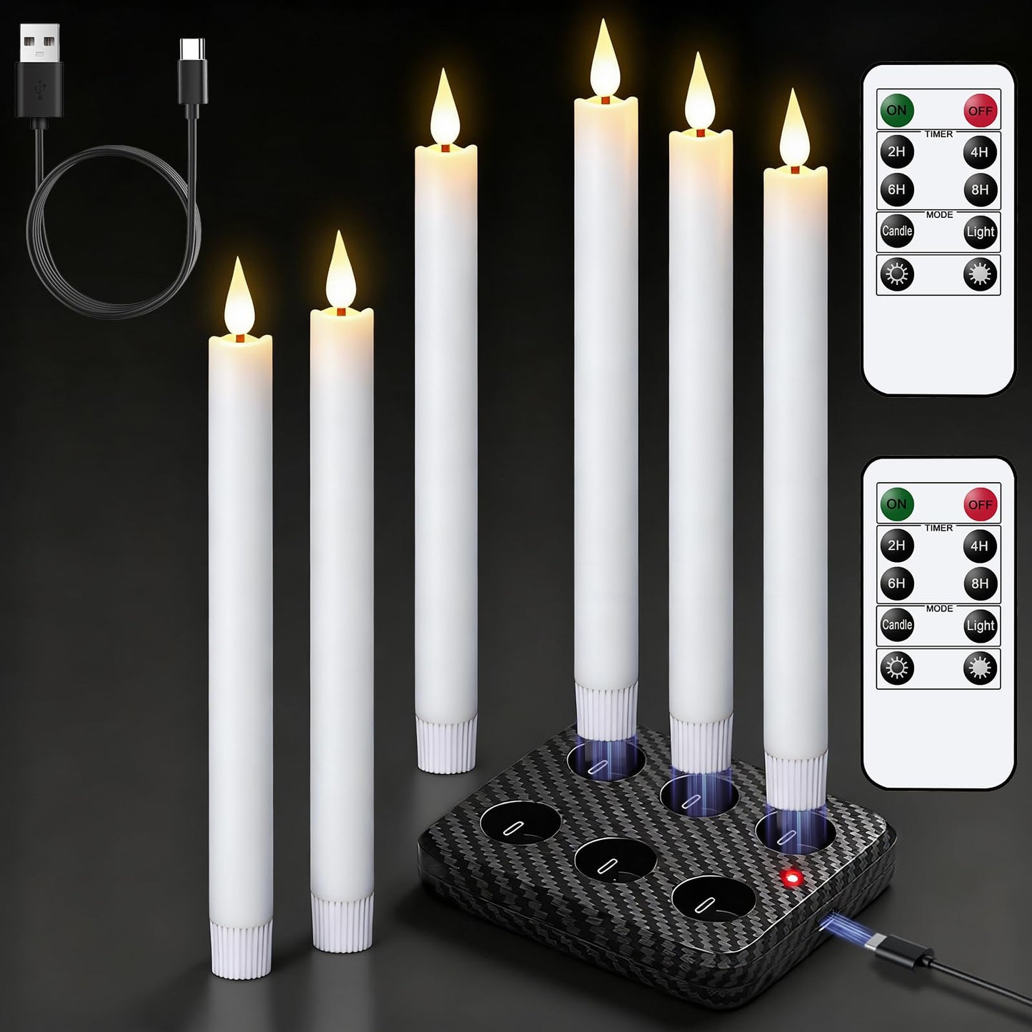 GenSwin Rechargeable Flameless Taper Candles with Charging Base, 6 Pack White LED Taper Candles Battery Operated with 2 Remote Timer, Real Wax Flameless Candlesticks for Holiday Christmas Home Decor