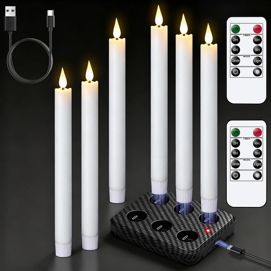 GenSwin Rechargeable Flameless Taper Candles with Charging Base, 6 Pack White LED Taper Candles Battery Operated with 2 Remote Timer, Real Wax Flameless Candlesticks for Holiday Christmas Home Decor