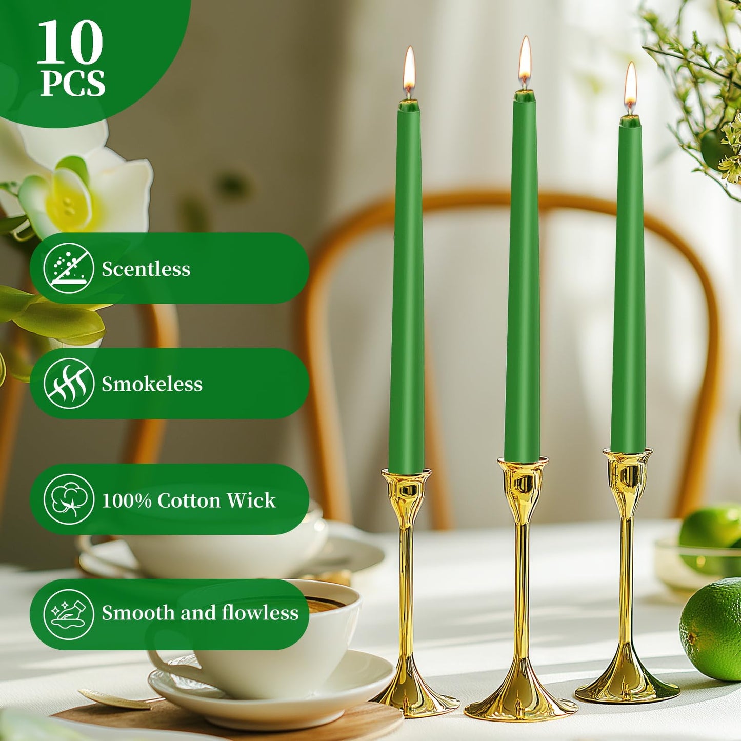 KONNI 0.87×10 Inch Green Taper Candles, Unscented and Smokeless Tall Candlesticks, 10 Pack Tapered Candles with Cotton Wicks, Long Burning, Ideal for Weddings, Dinner Parties, and Home Décor