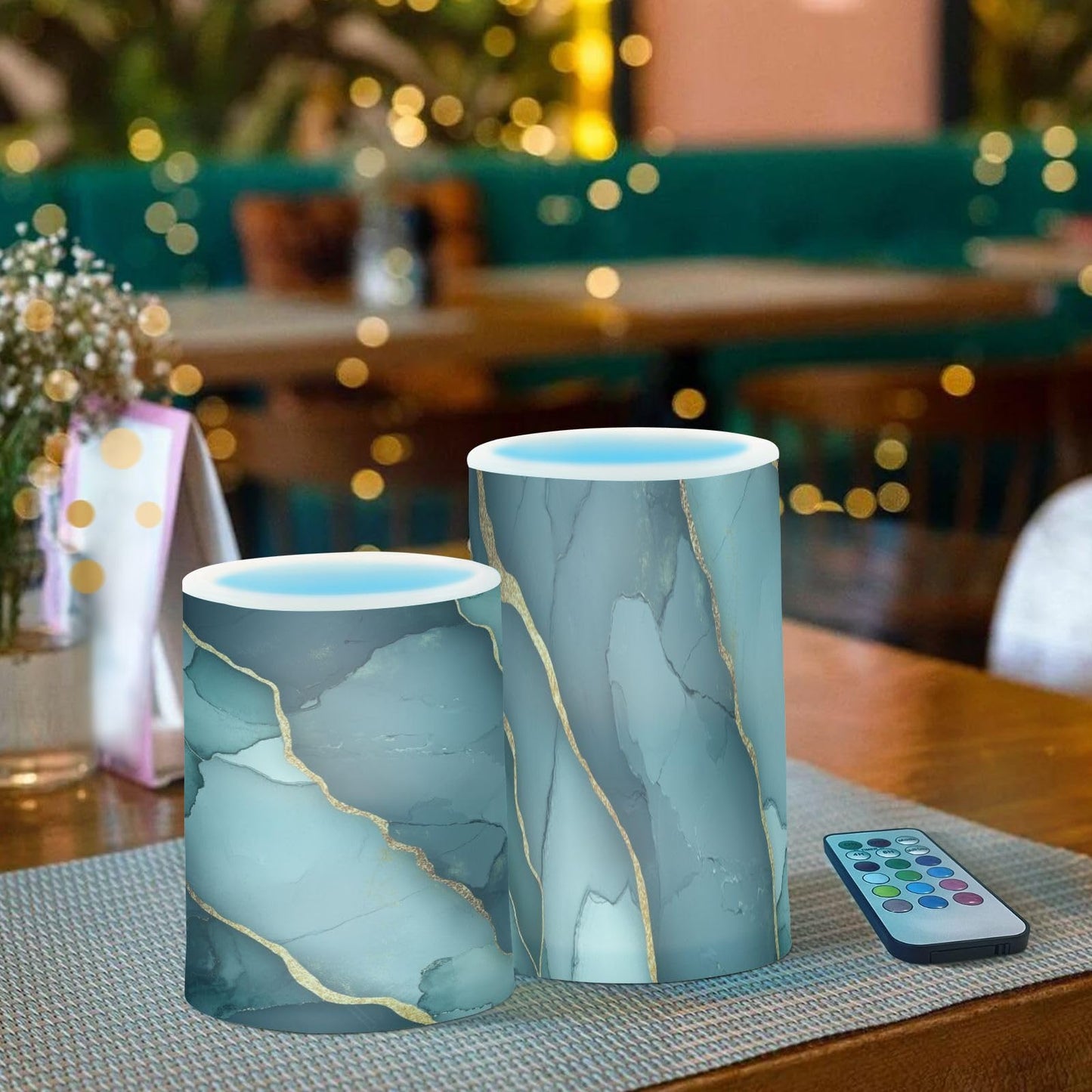 Flameless Pillar Candles Battery Powered Flameless Candle Lantern for Outdoor Marble Green Grey