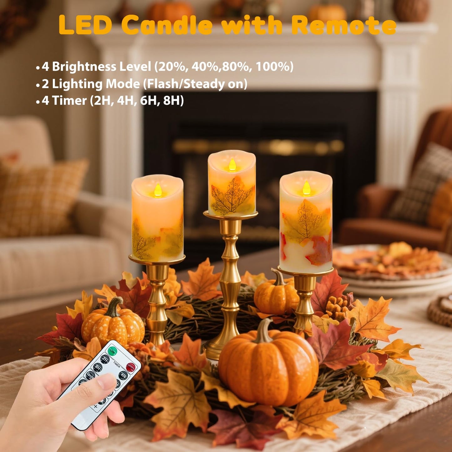 Flameless Candles Lights,Set of 3 Maple Leaf Flickering LED Candles with Remote & Timer, Dimmable LED Pillar Candles Battery Operated, Electric Candles for Thanksgiving Halloween Fall Harvest Decor