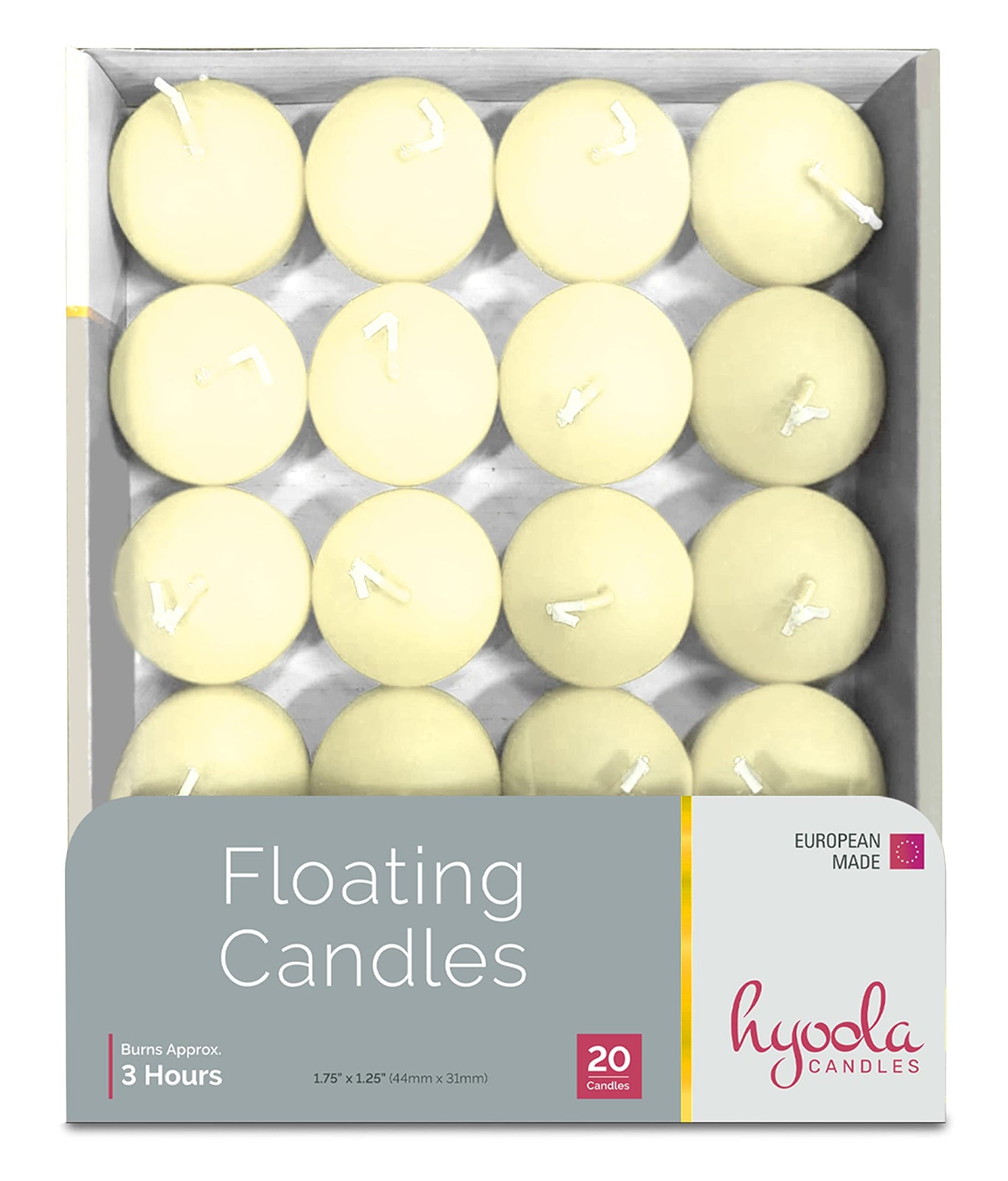 HYOOLA Premium Ivory Floating Candles 1.75 Inch - 3 Hour - 20 Pack - European Made