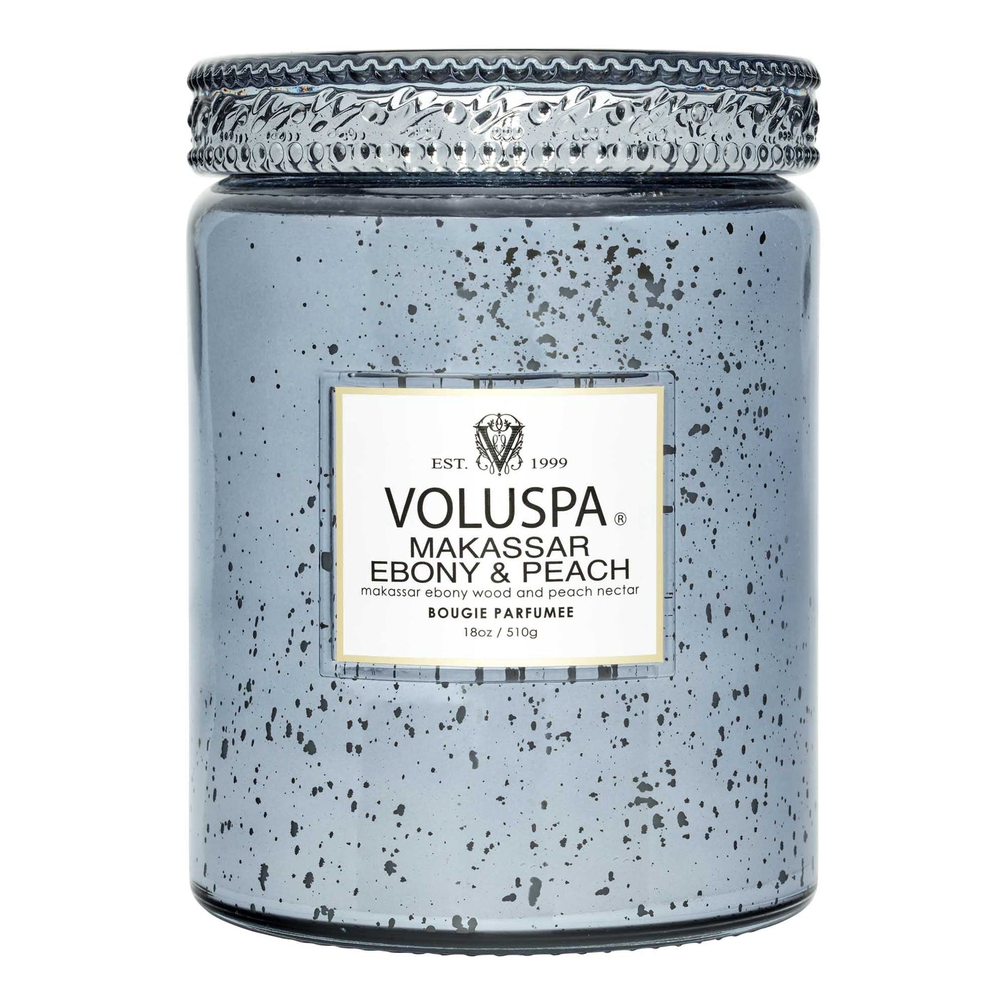 Voluspa Makassar Ebony & Peach Candle | Large Glass Jar | 18 Oz | 100 Hour Burn Time | Coconut Wax for Clean Burning |
