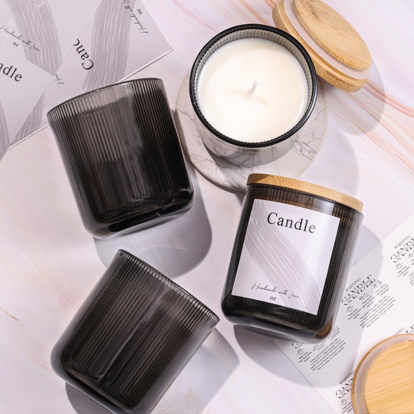 LAMORGIFT 10 oz Glass Candle Jars, 9 Pack Candles Jars for Making Candles, Inner Ribbed Candle Containers Vessels Bulk with Labels for Home Decor/Holiday Gift Crafting- Black