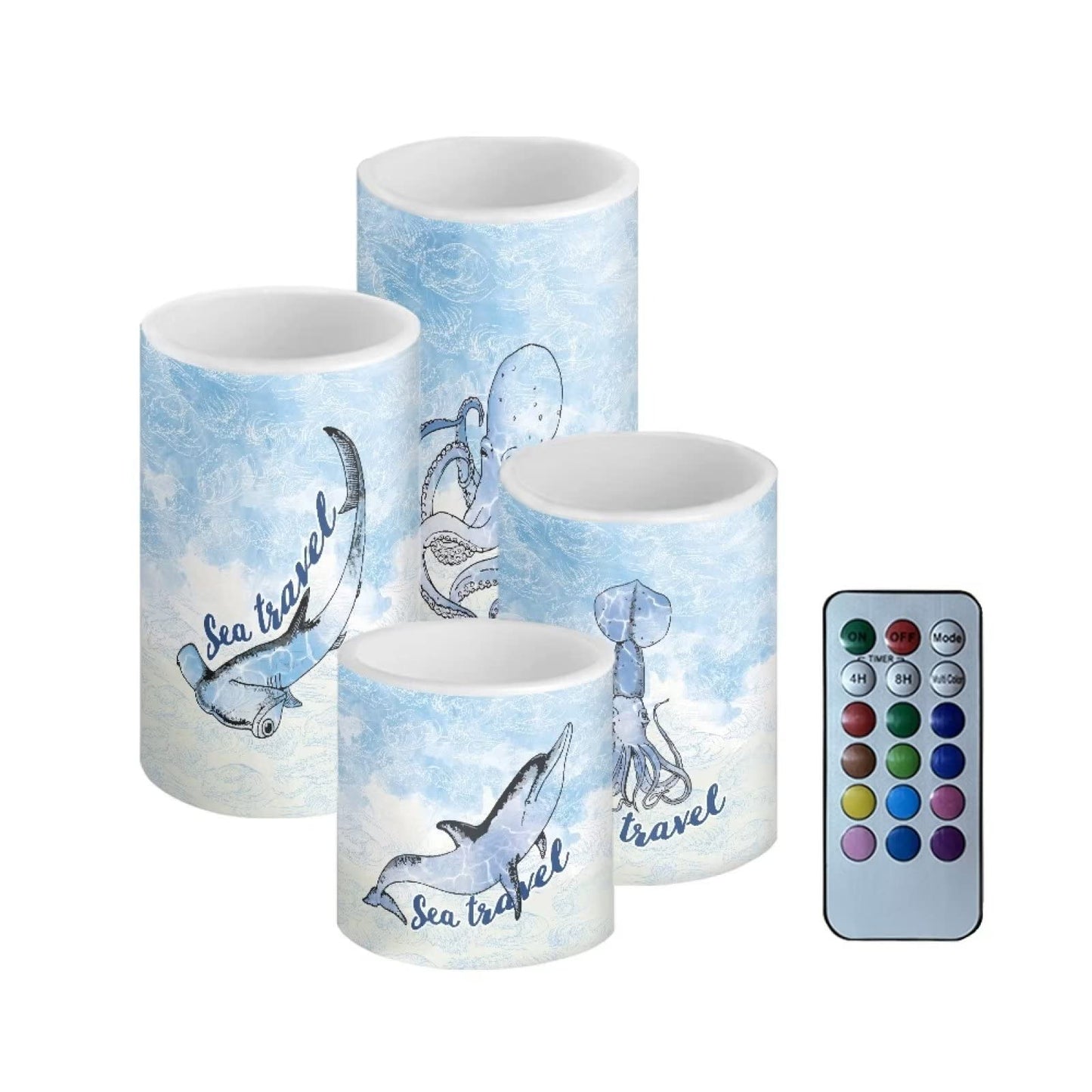 Cozeyat Flameless Tealights 4 Pieces,Sea Travel Pattern Electric Tea Lights in Warm Yellow,Flickering Wax Moving Votive Candles with Remote Control,Daily Use