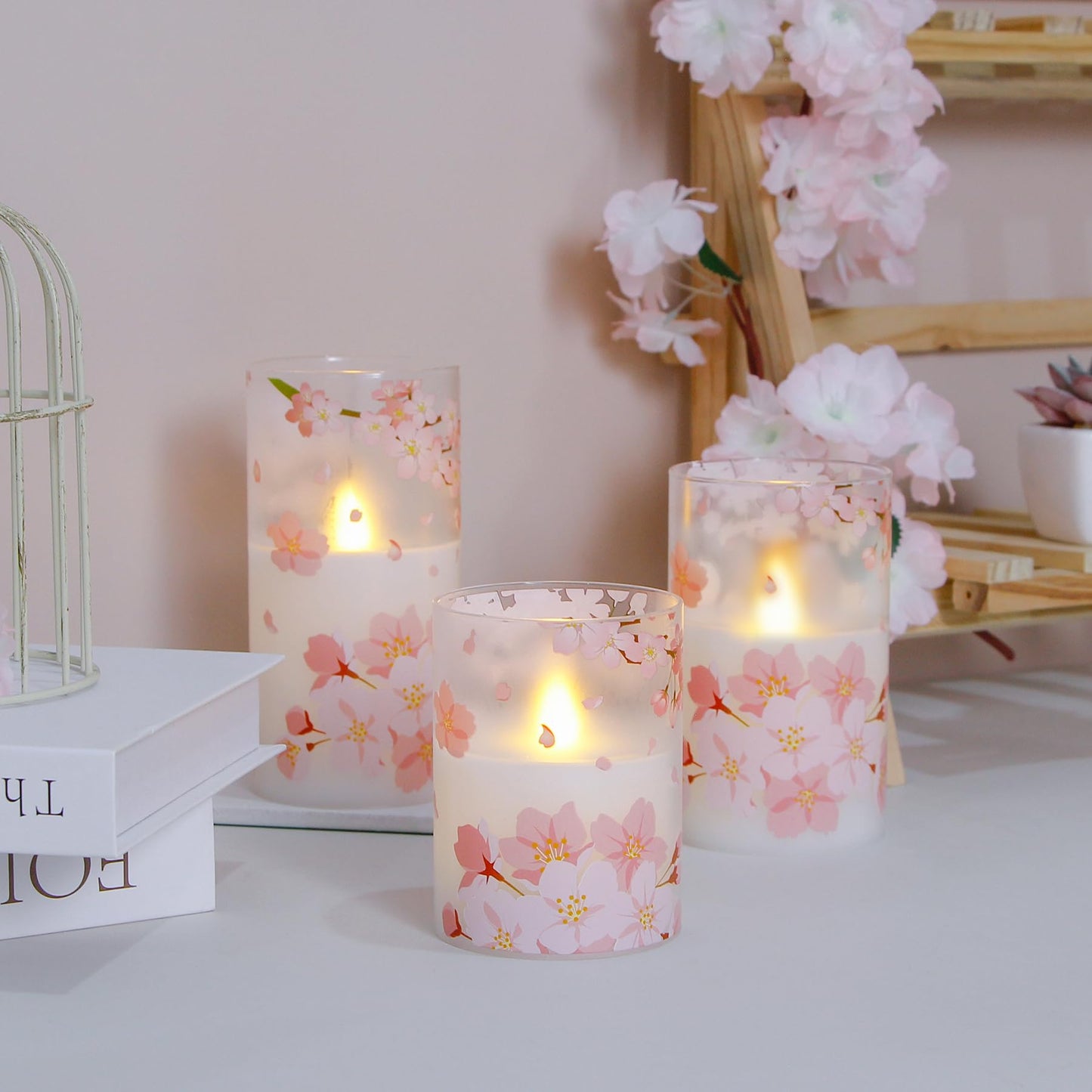 Mavandes Flameless Flickering Glass Candles with Remote and Timer,Cherry Blossoms LED Battery Operated Real Wax Set of 3 Realistic Wick Electric Pillar Candles,Warm Fire(3 x 4, 5, 6 Inches)