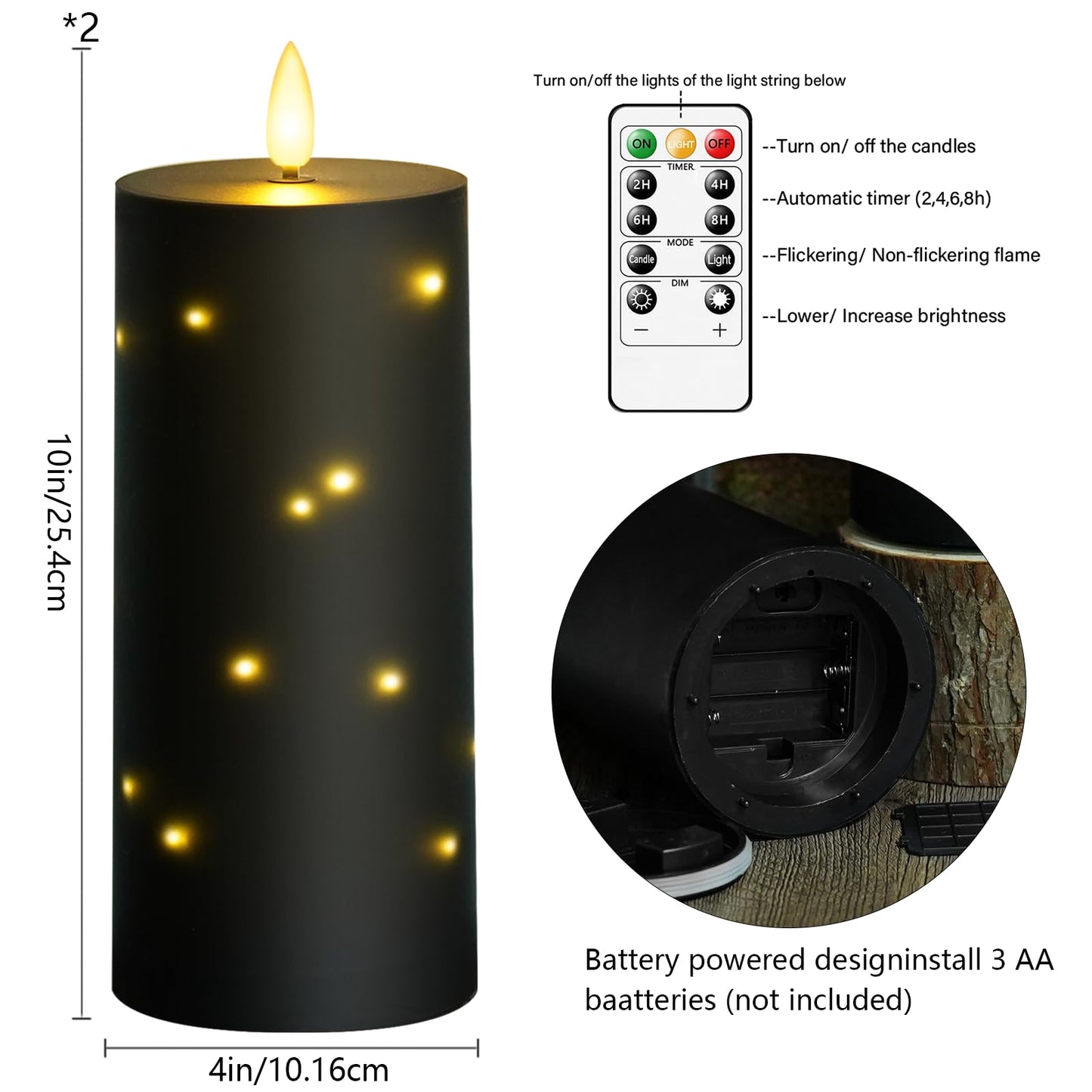 kakoya 10" x 4" Large Outdoor Waterproof Flickering Flameless Candles with Timer,2Pcs Battery Operated LED Pillar Candles with Embedded Star String for Outdoor Lanterns,Porch,Patio Decor(Black)