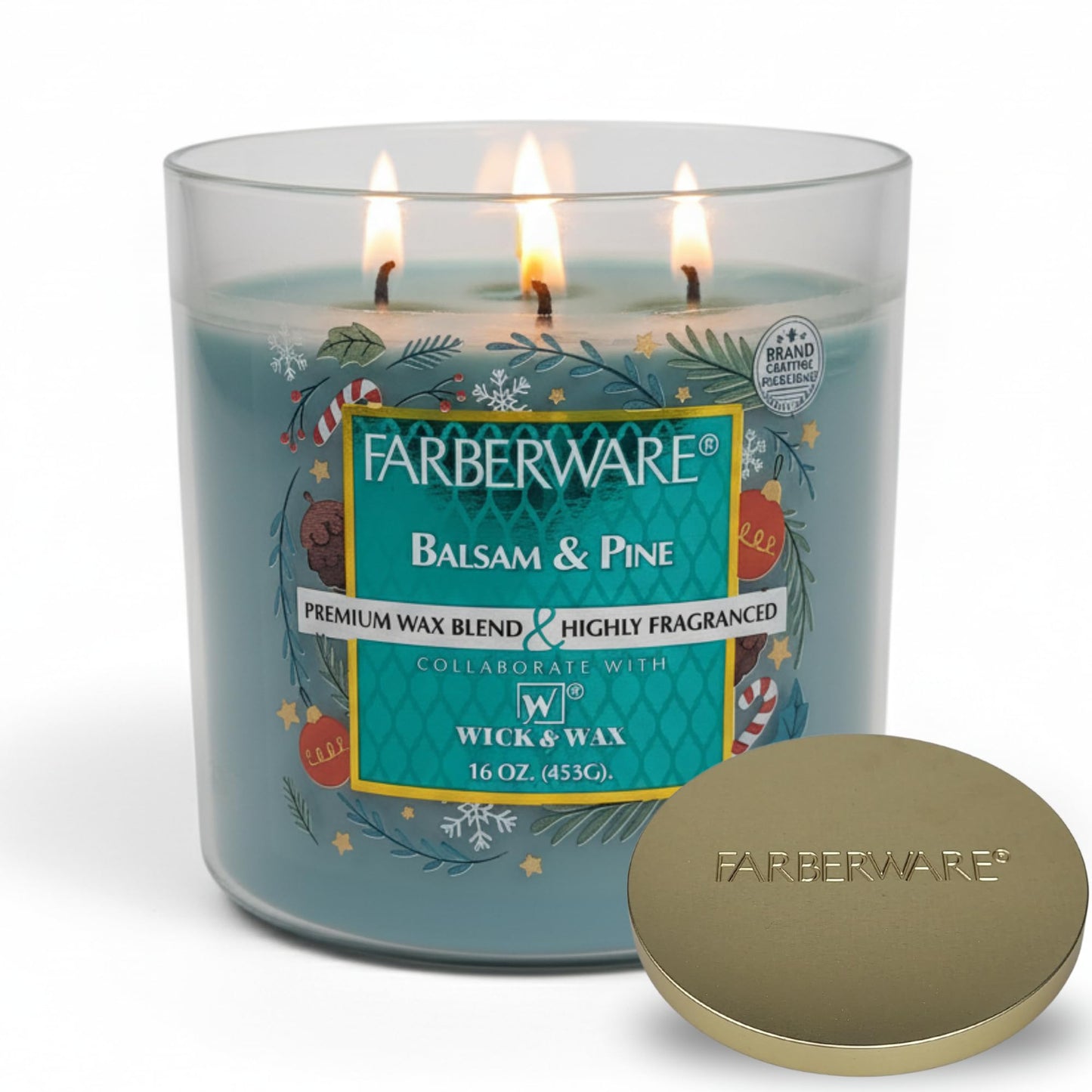 16oz Balsam and Pine Christmas Tree Jar Candle by Farberware – Soy Wax, Three Wick Highly Scented Candle for Entertaining, Personal Relaxation – Up to 65 Hours Burn Time – for Any Fragrance Lover