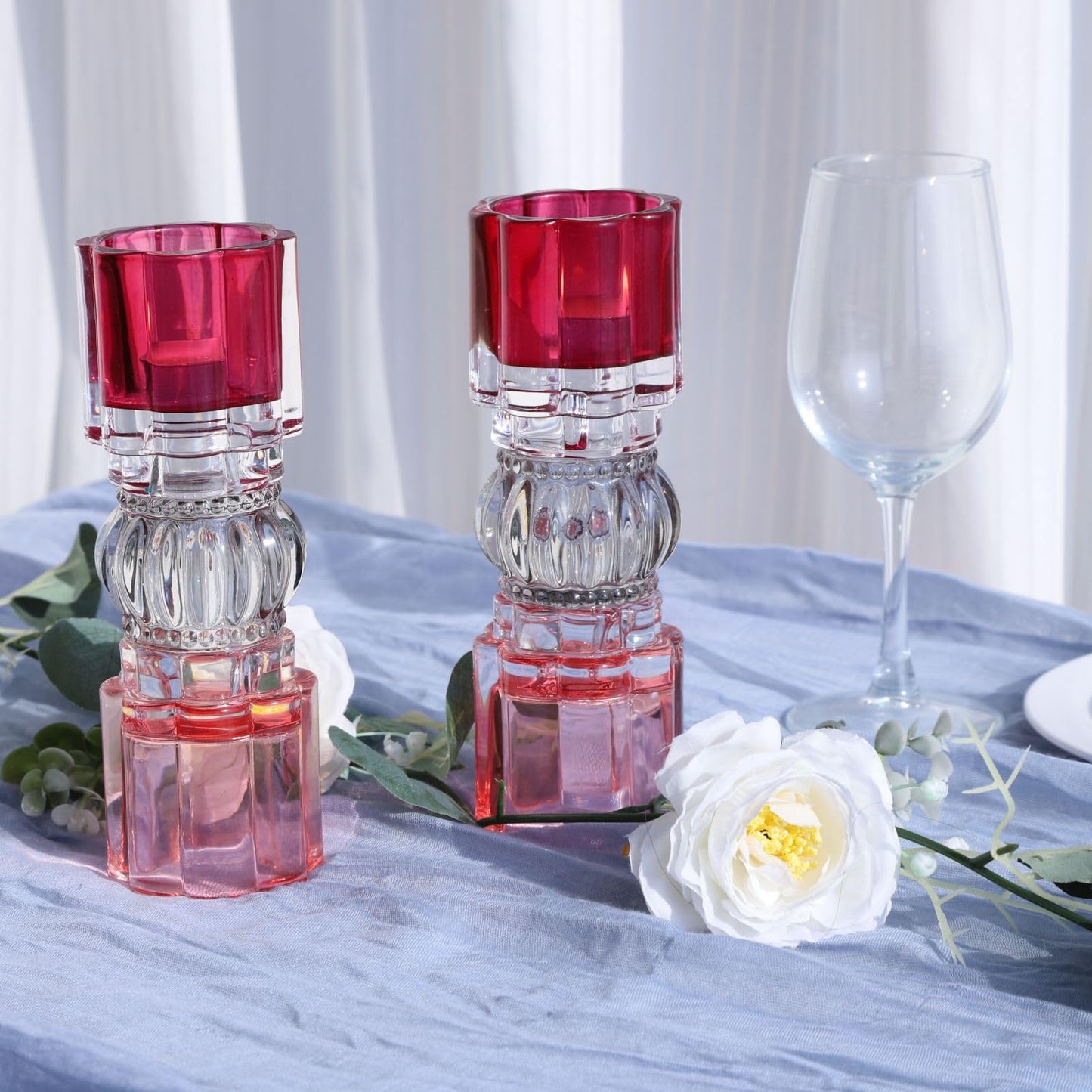 VOHO Pink Candle Holder for Valentines Day Decorations, Set of 2 Heavy Glass Votive Candle Holders Decor for Room Table, Romantic Tealight Candle Holder Gifts for Her(7.87x2.75 in W/H, Shades of Pink)